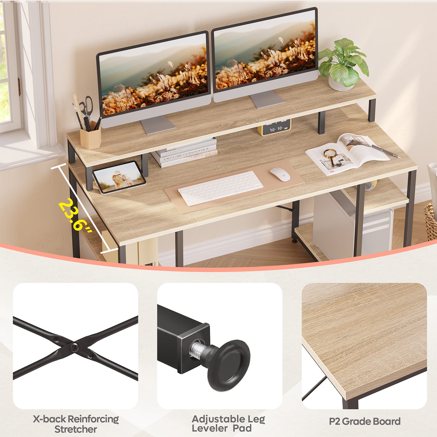 Bestier 56inW Student Desk With Monitor Stand & Storage Shelf, Light Oak - Image 5
