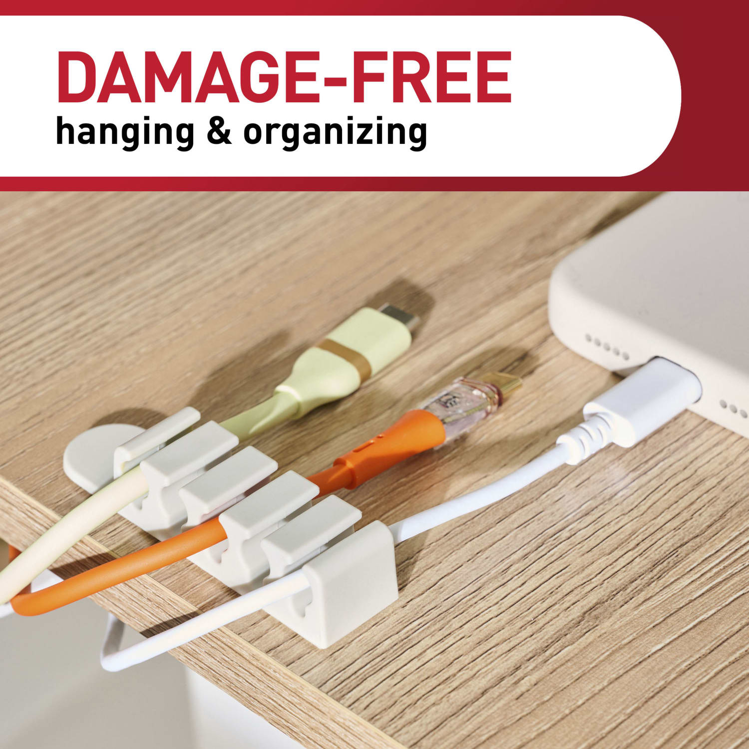 Command 5-Cord Clip Organizer, 2 White Clips, 4 Strips, 1 Clip Holds 5 Charging Cords, Great for Damage-Free Electronics Organization Under Desk - Image 6