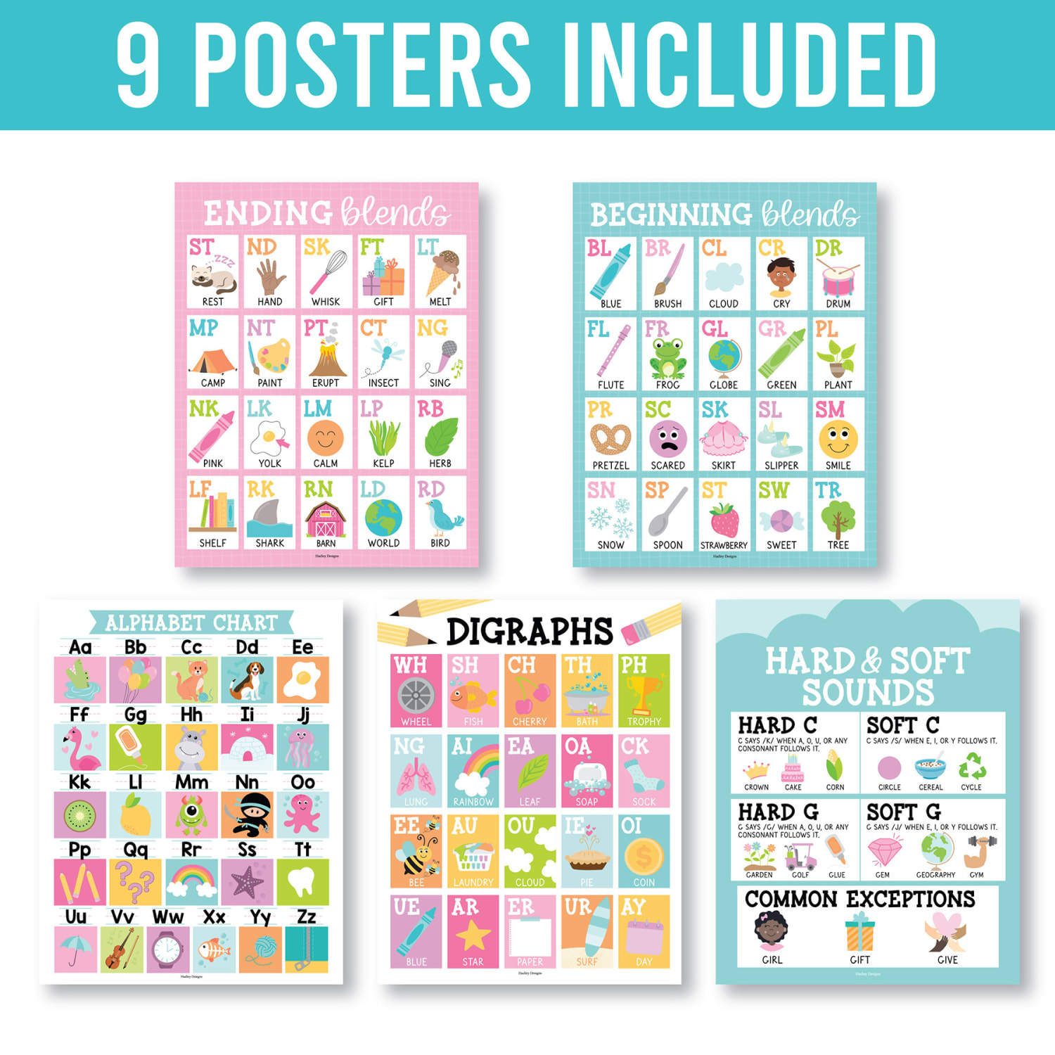 Hadley Designs Posters, Colorful Sound Wall Phonics and Vowels English, Set Of 9 - Image 3