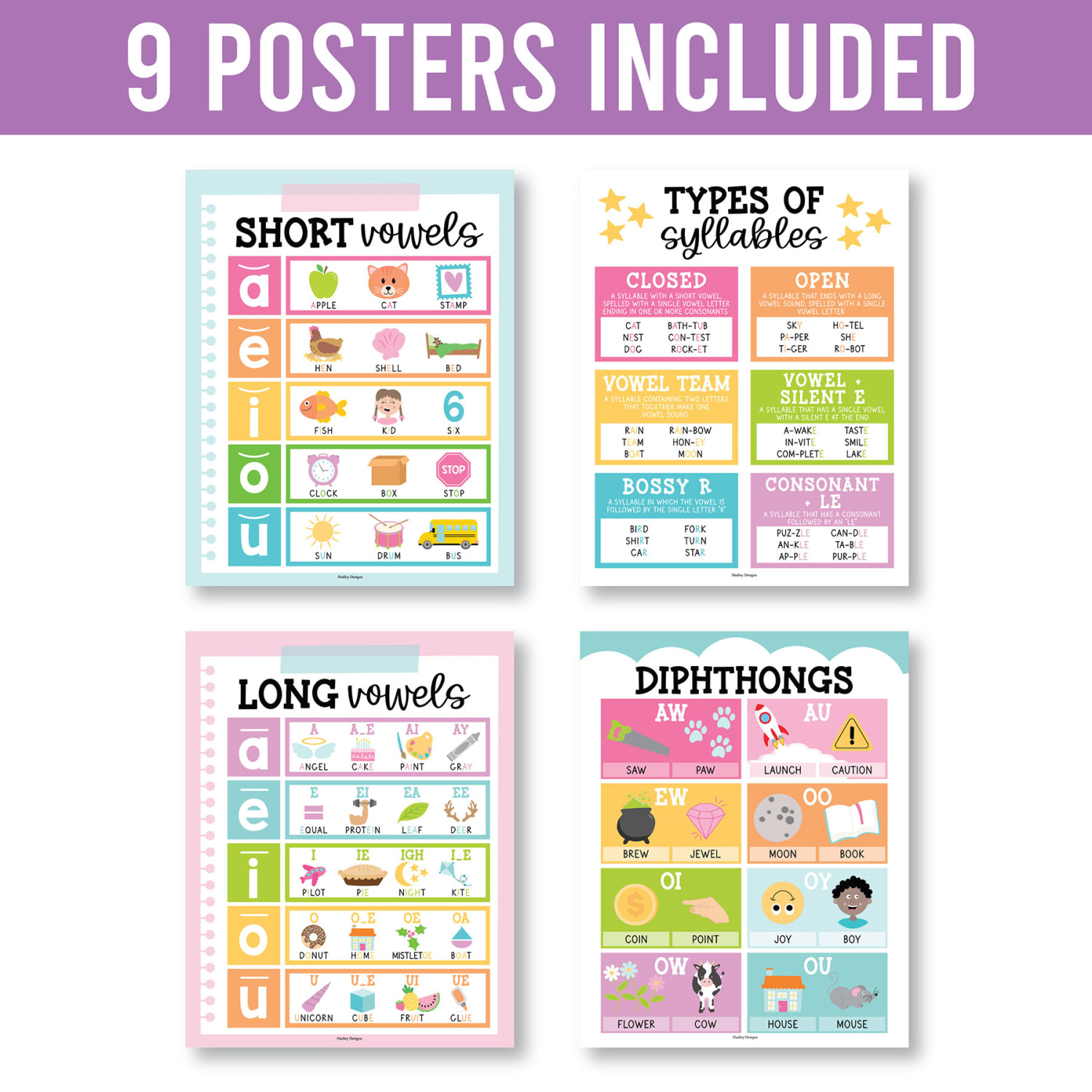 Hadley Designs Posters, Colorful Sound Wall Phonics and Vowels English, Set Of 9 - Image 4