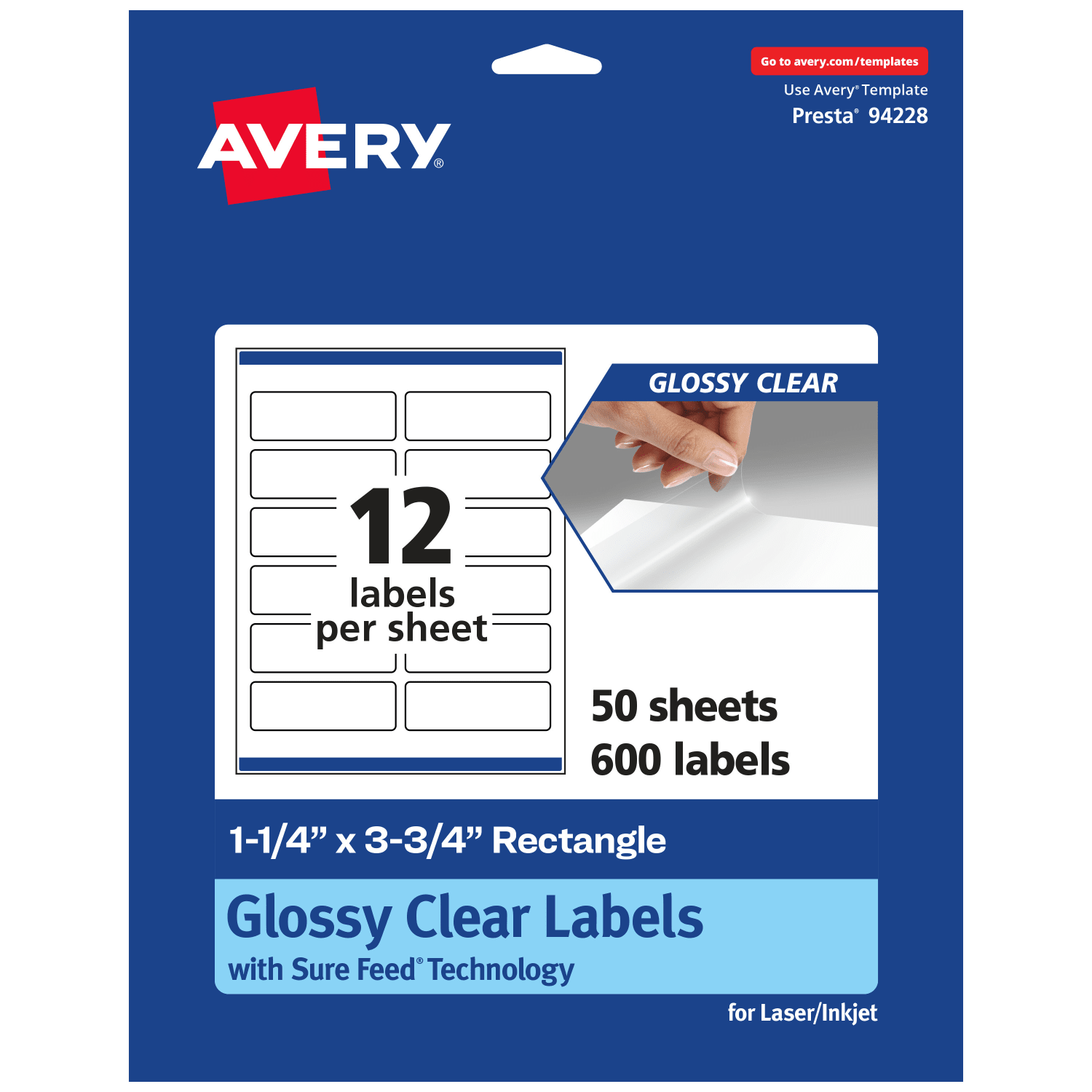 Avery Glossy Permanent Labels With Sure Feed, 94228-CGF50, Rectangle, 1-1/4in x 3-3/4in, Clear, Pack Of 600