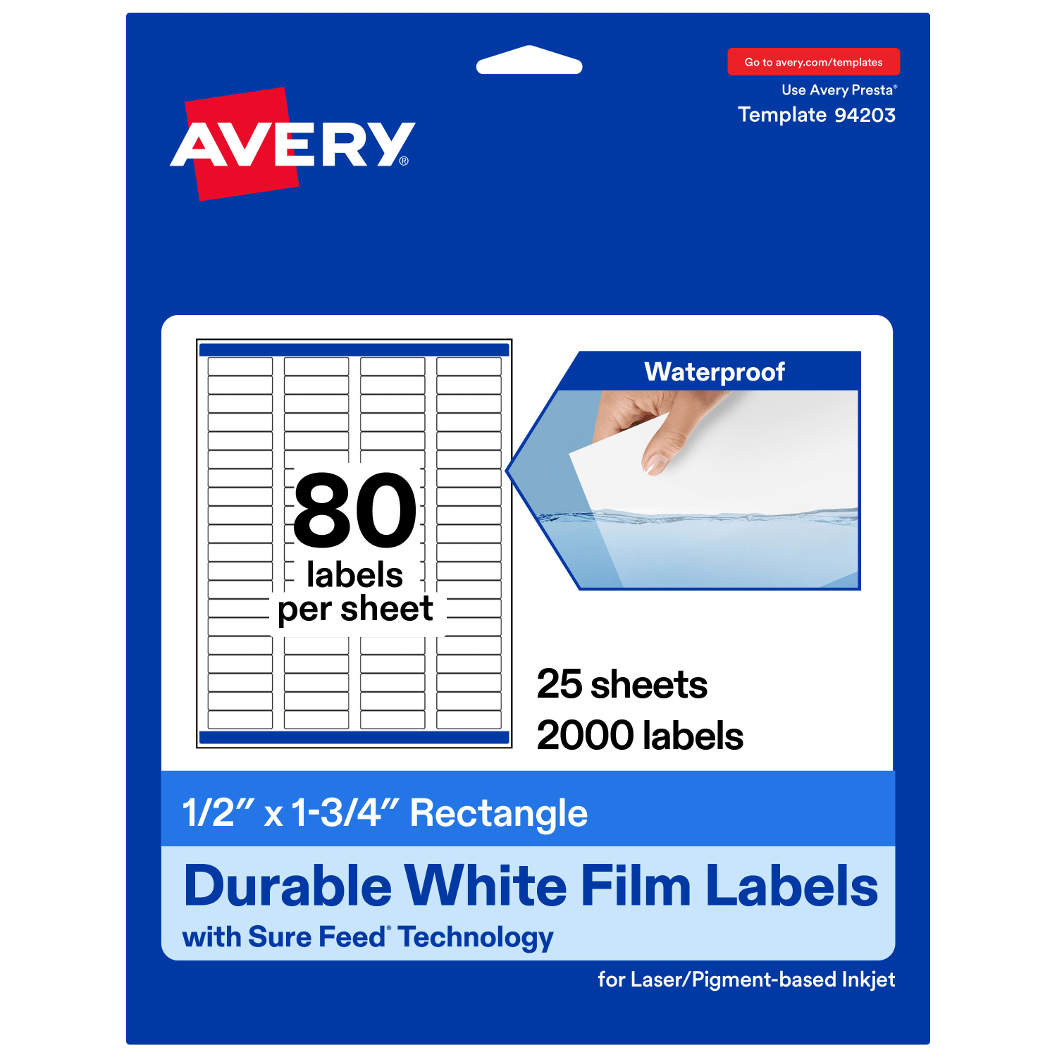 Avery Waterproof Permanent Labels With Sure Feed, 94203-WMF25, Rectangle, 1/2in x 1-3/4in, White, Pack Of 2,000