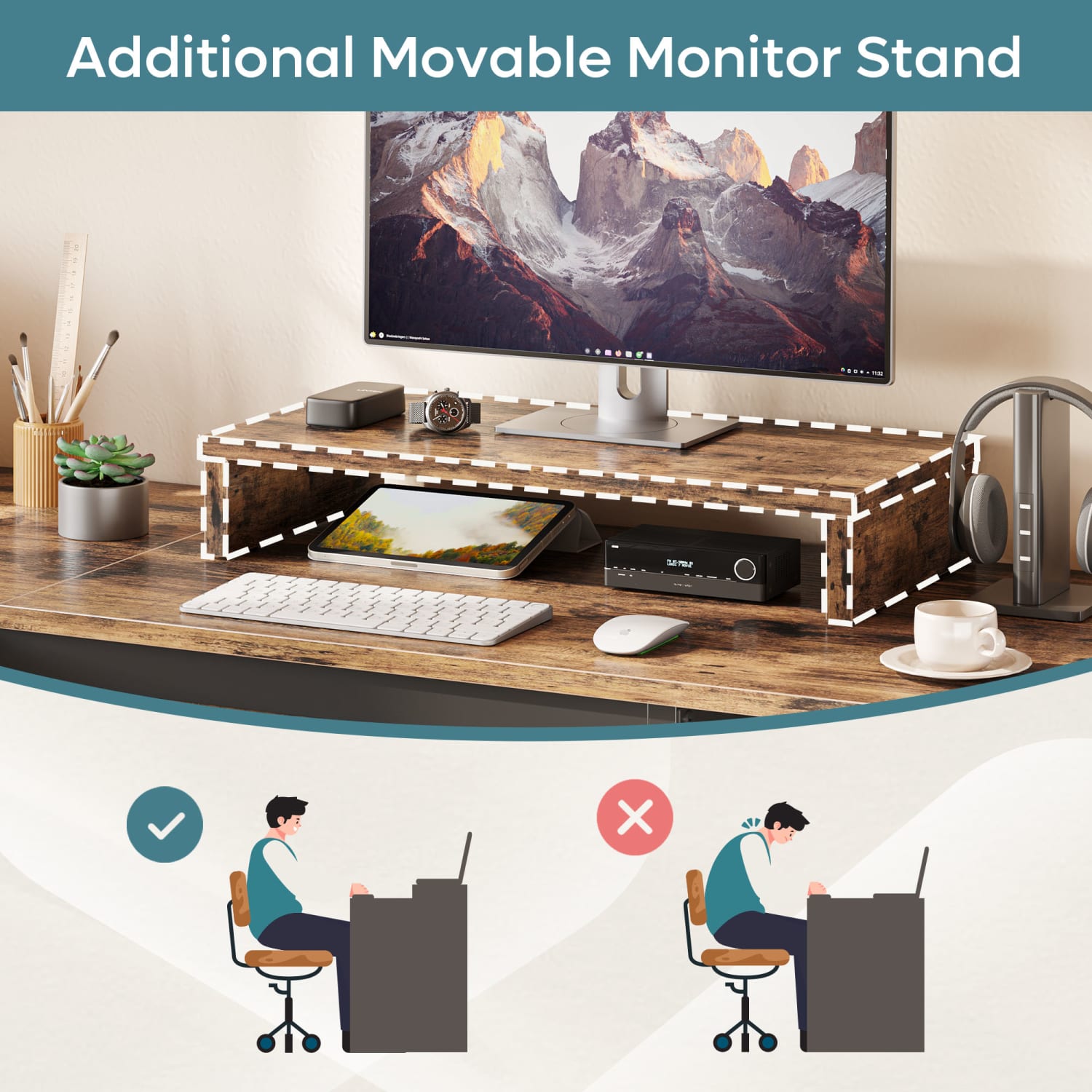 Bestier 56inW Standing Desk With Drawers & Monitor Stand, Rustic Brown - Image 6