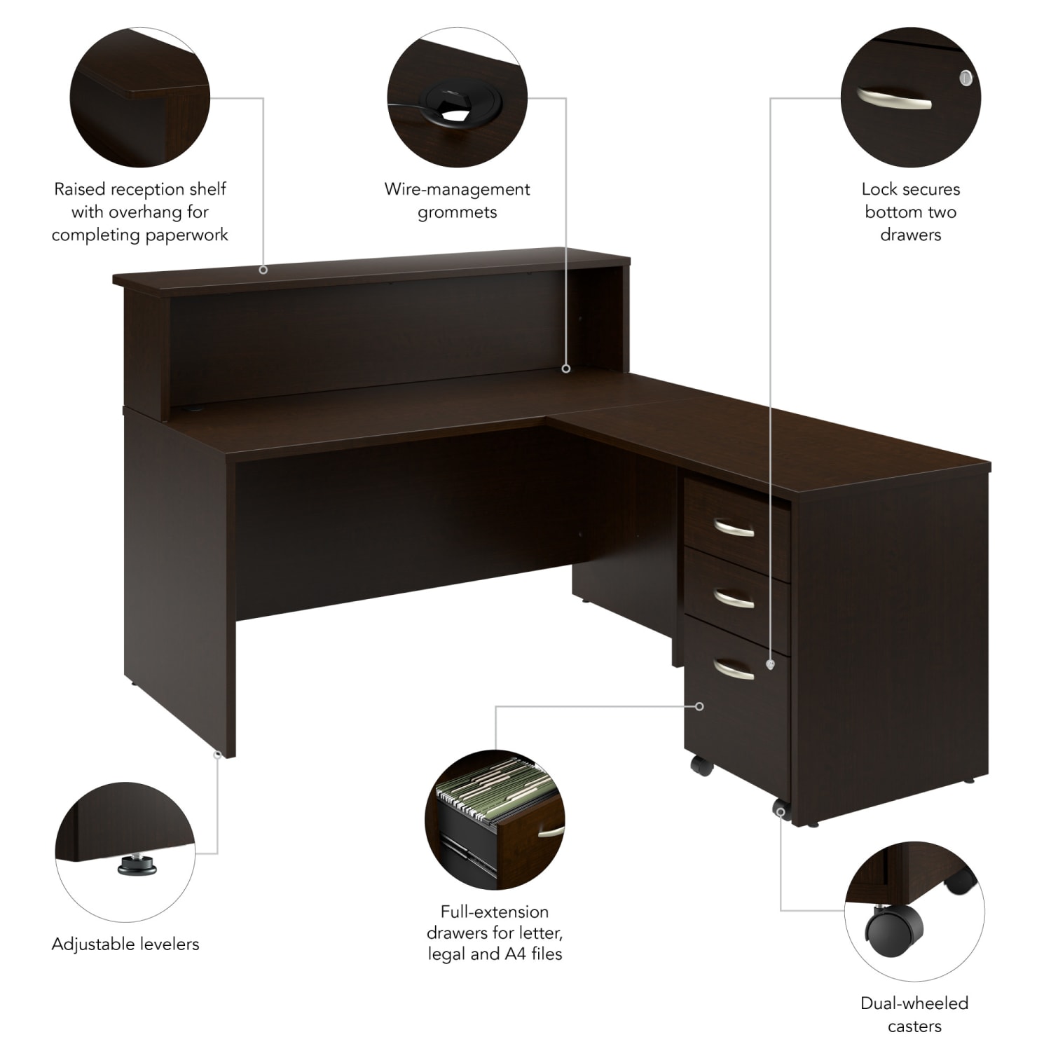 Bush Business Furniture Arrive 60inW L Shaped Reception Desk with Shelf and Mobile File Cabinet, Mocha Cherry, Standard Delivery - Image 5