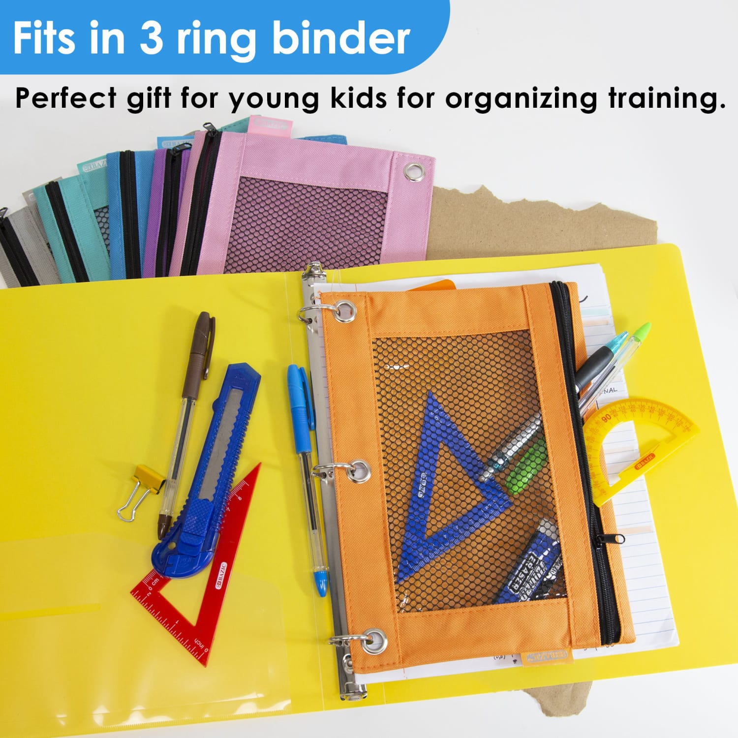 BAZIC Products 3-Ring Pencil Pouches with Mesh Windows, 9-13/16in x 7in, Retro Pastel, Pack Of 12 Pouches - Image 5