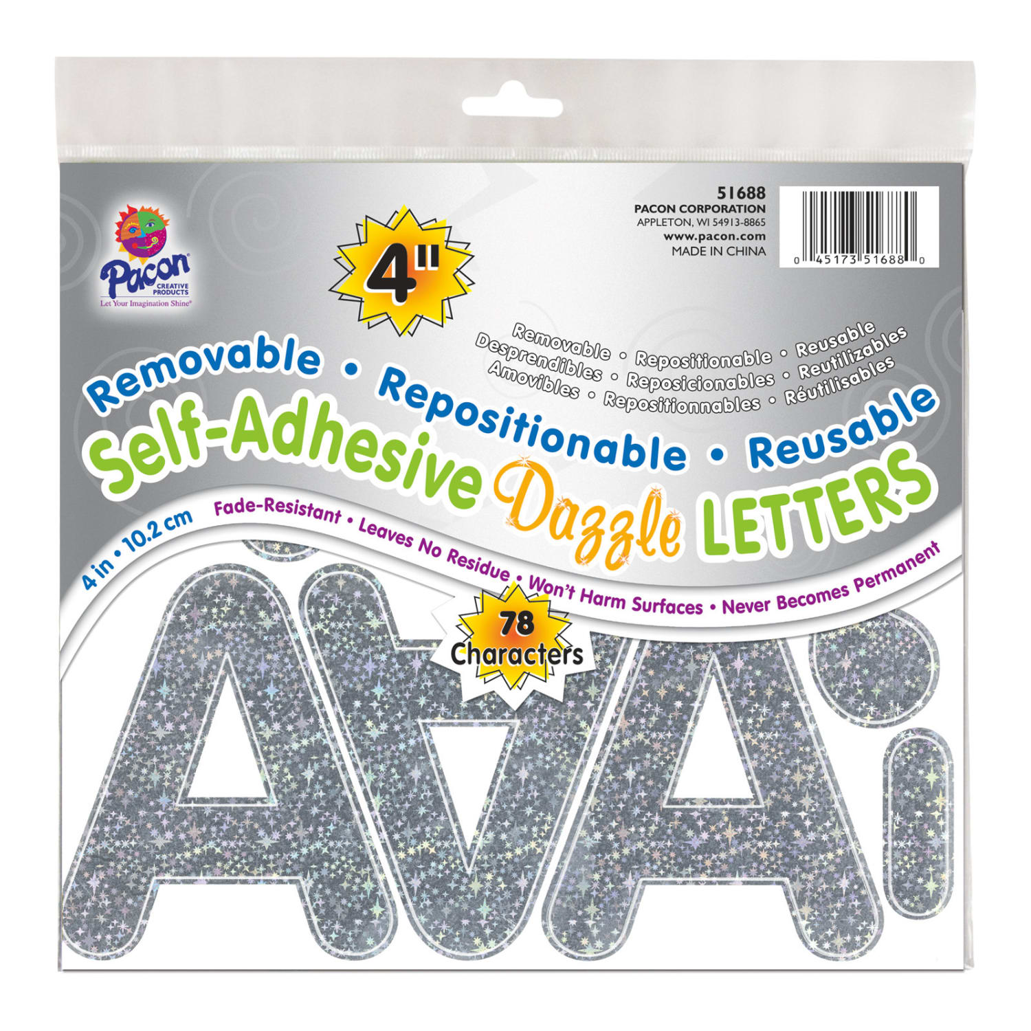 Pacon Self-Adhesive Letters, 4in, Puffy Font, Silver Dazzle, 78 Per Pack, Set Of 2 Packs - Image 3
