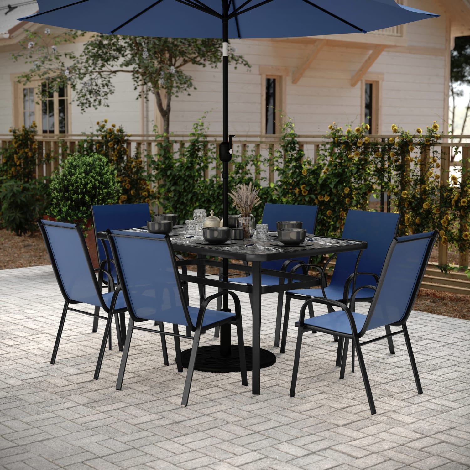 Flash Furniture Brazos 7 Piece Commercial Grade Patio Dining Set with Tempered Glass Patio Table and 6 Chairs with Flex Comfort Material Seats and Backs, Navy - Image 3
