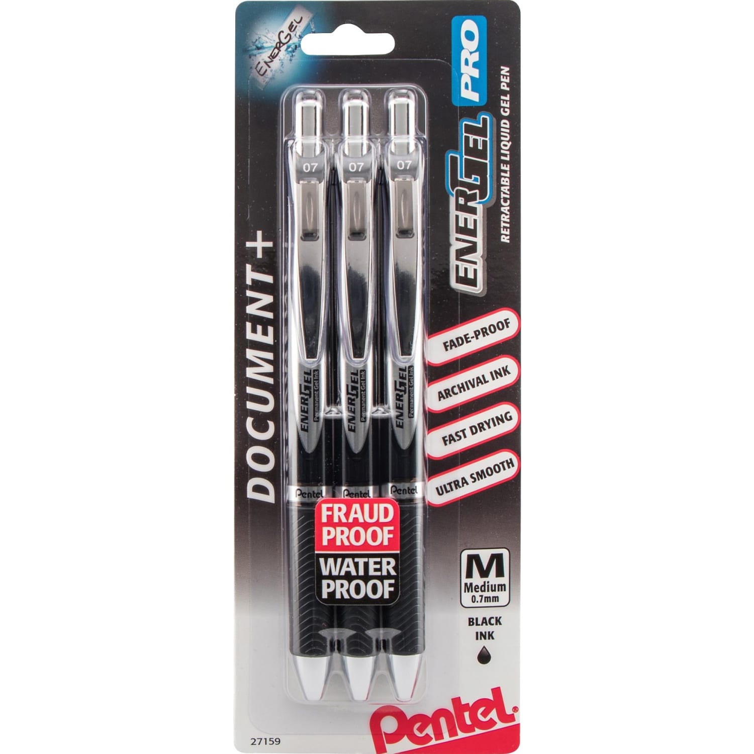 EnerGel PRO Pigment Gel Pens, Medium Point, 0.7 mm, Black Barrel, Black Ink, Pack Of 3 - Image 3