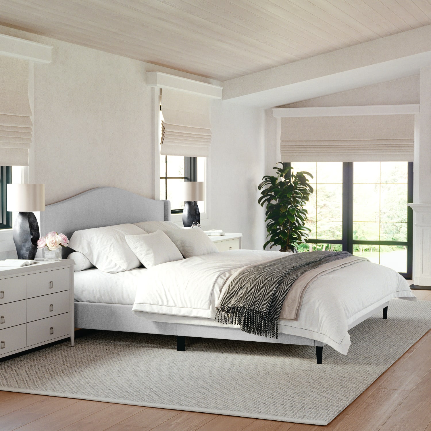 Martha Stewart Amelia Upholstered Platform Bed with Curved Headboard and Cushioned Siderails - TW3WDB02KGY