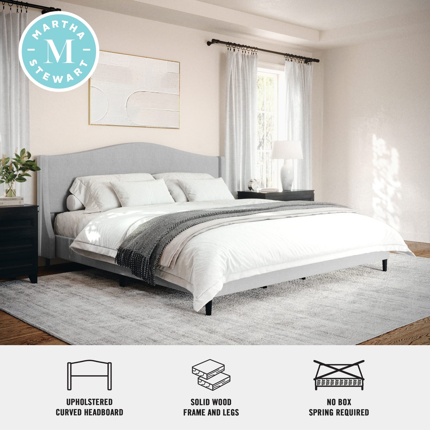Martha Stewart Amelia Upholstered Platform Bed with Curved Headboard and Cushioned Siderails - TW3WDB02KGY - Image 4