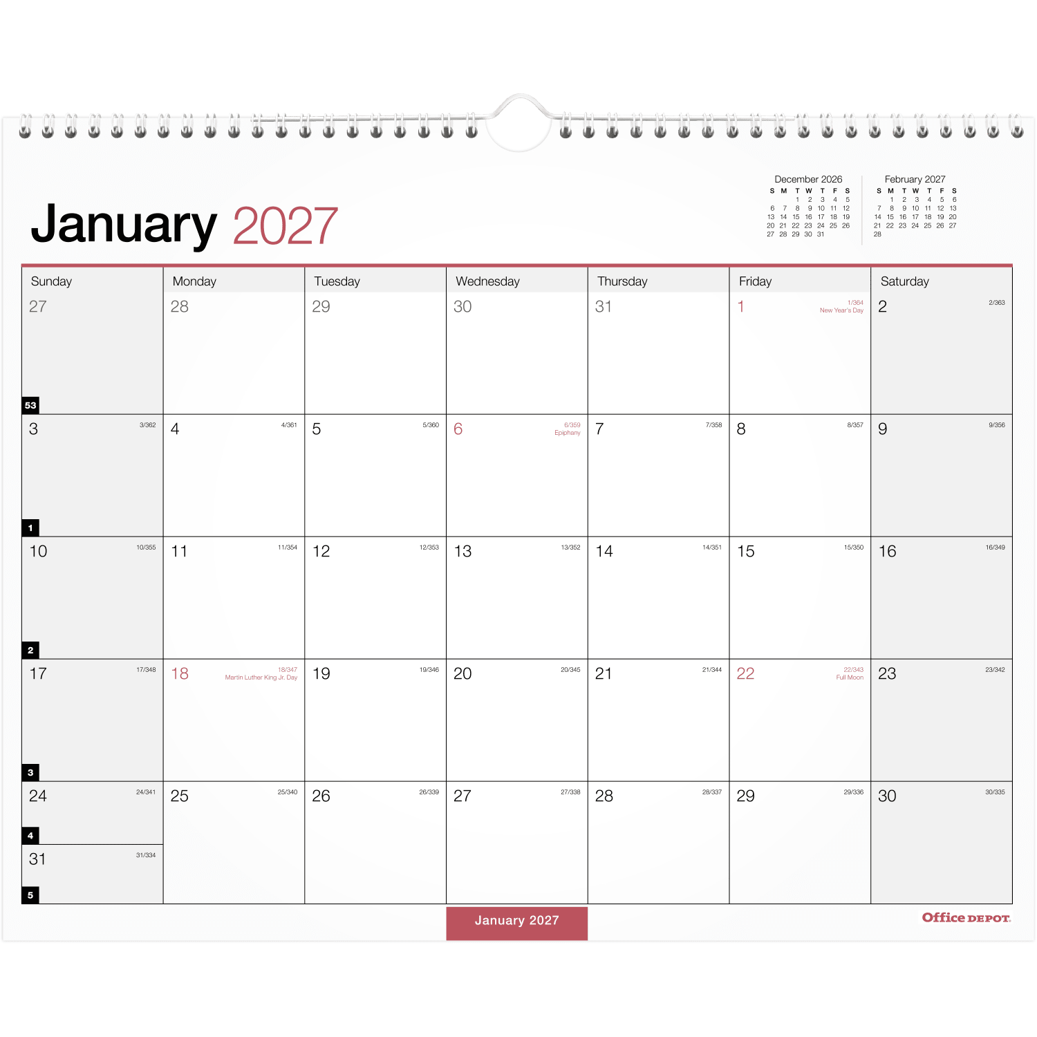 Office Depot Brand Monthly Wall Calendar, 15in x 12in, White, January 2027 to December 2027, OD30242827