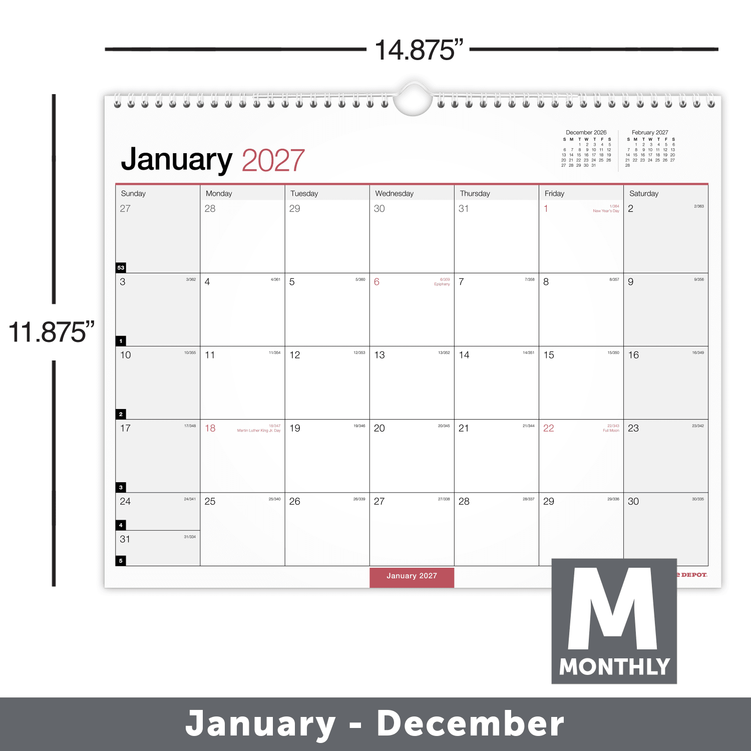 Office Depot Brand Monthly Wall Calendar, 15in x 12in, White, January 2027 to December 2027, OD30242827 - Image 4