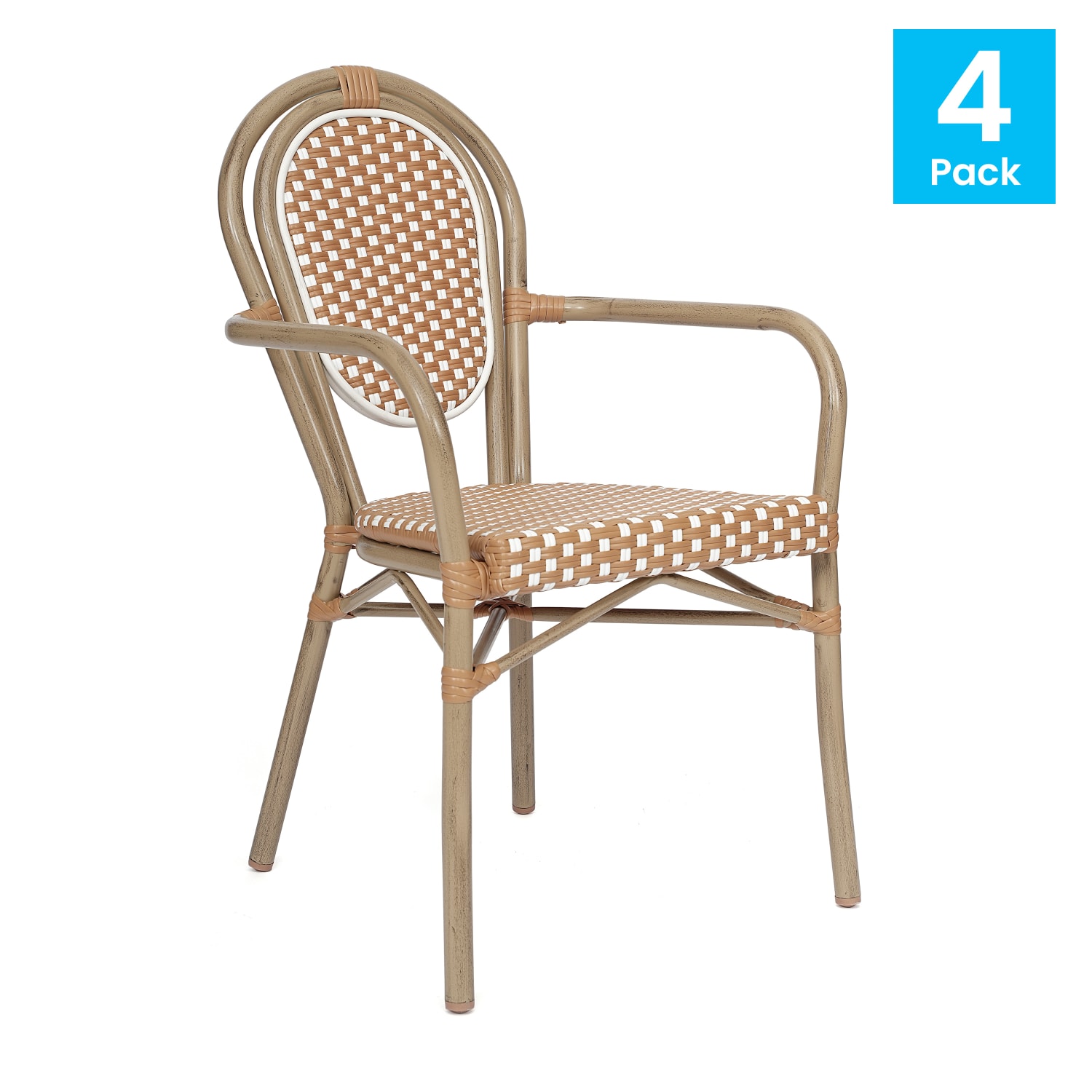 Flash Furniture 4 Pack Lourdes Indoor/Outdoor Commercial Thonet Bistro Stacking Chair with Arms, Natural & White/Light Natural Frame -4SDA6422ANWLTN - Image 3