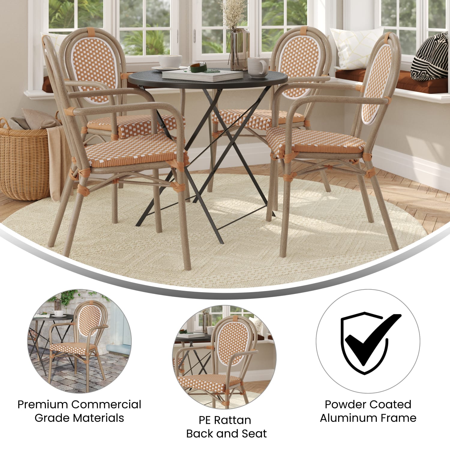 Flash Furniture 4 Pack Lourdes Indoor/Outdoor Commercial Thonet Bistro Stacking Chair with Arms, Natural & White/Light Natural Frame -4SDA6422ANWLTN - Image 5