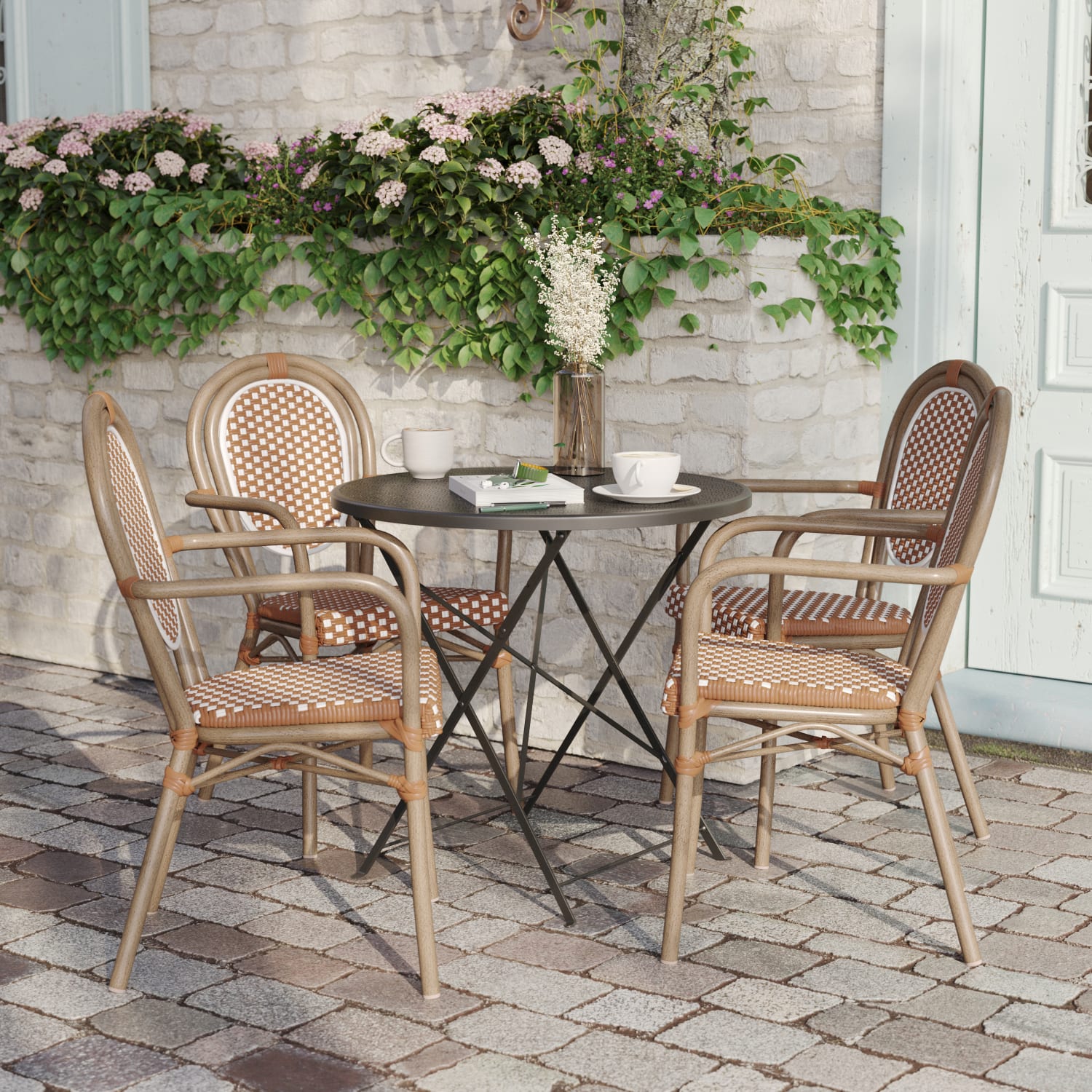 Flash Furniture 4 Pack Lourdes IndoorOutdoor Commercial Thonet Bistro Stacking Chair with Arms Natural  WhiteLight Natural Frame  4SDA6422ANWLTN PopularChairscom