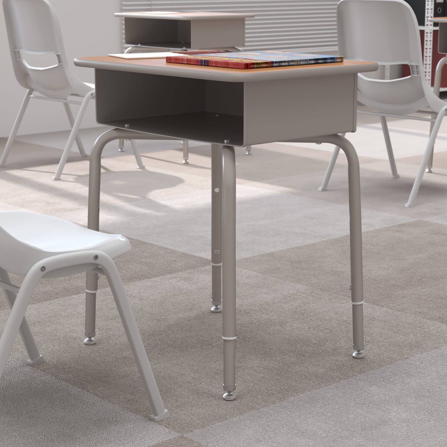Flash Furniture Student Desk with Open Front Metal Book Box, Walnut Top/Silver Frame - Image 3