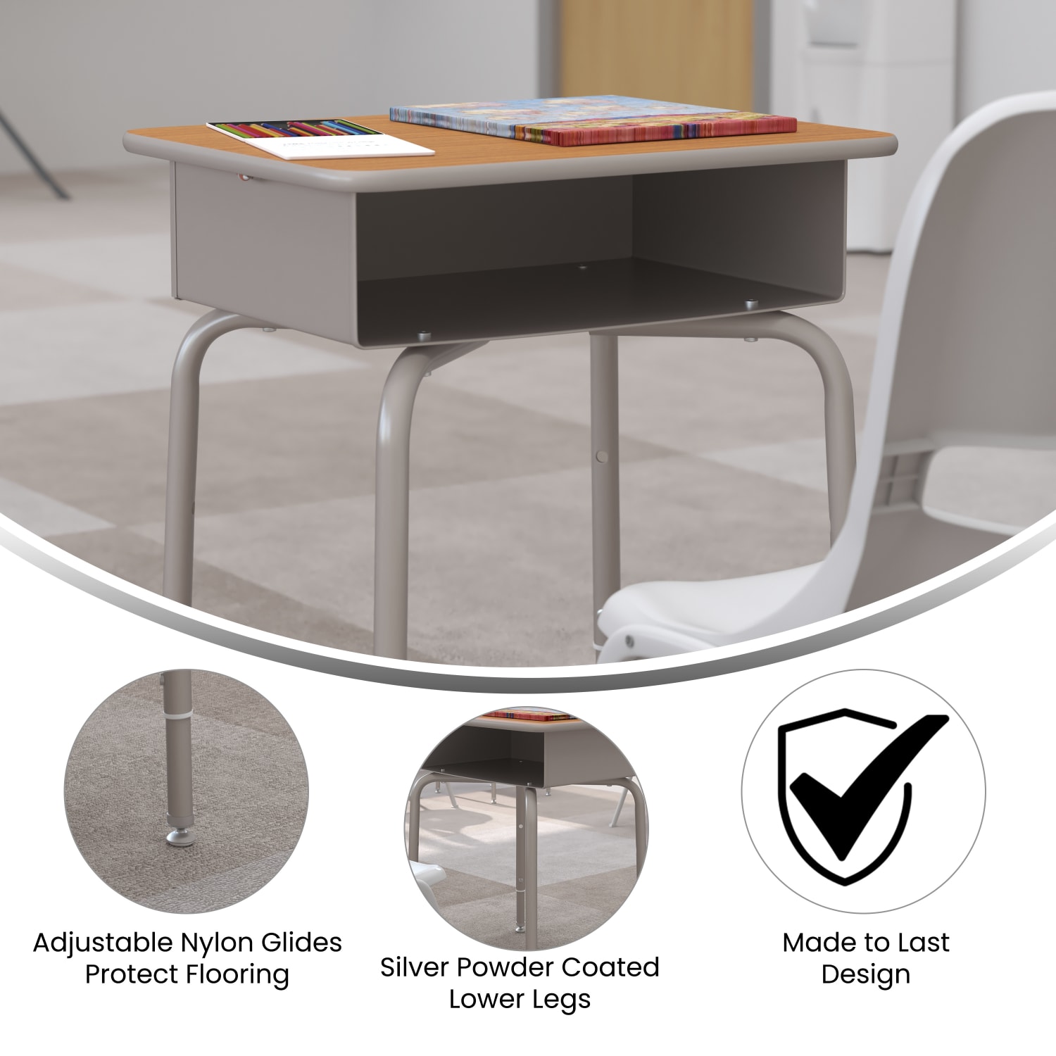 Flash Furniture Student Desk with Open Front Metal Book Box, Walnut Top/Silver Frame - Image 4