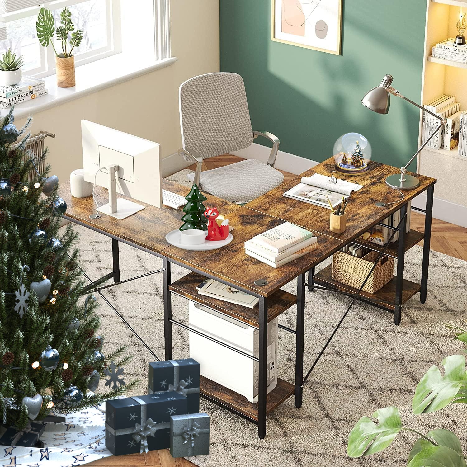 Bestier L-Shaped Corner Computer Desk With Storage Shelf, 3 Cable Holes, 60inW, Rustic Brown - Image 6