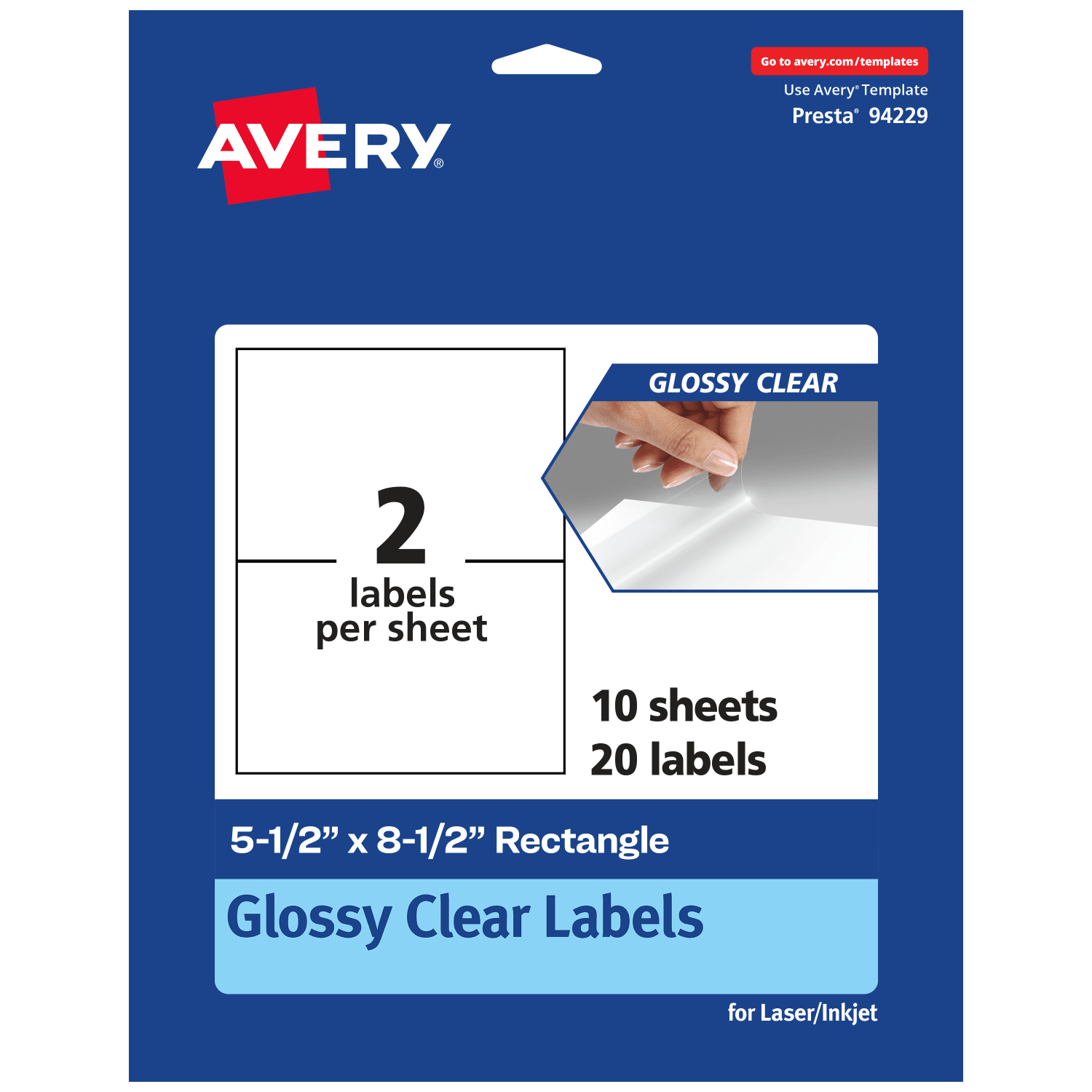 Avery Glossy Permanent Labels, 94229-CGF10, Rectangle, 5-1/2in x 8-1/2in, Clear, Pack Of 20