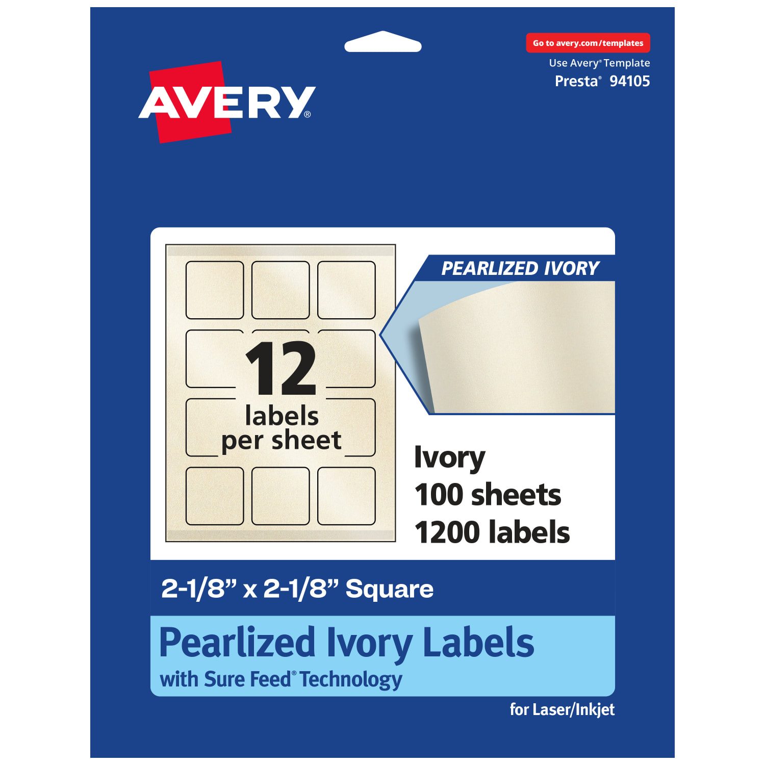 Avery Pearlized Permanent Labels With Sure Feed, 94105-PIP100, Square, 2-1/8in x 2-1/8in, Ivory, Pack Of 1,200 Labels