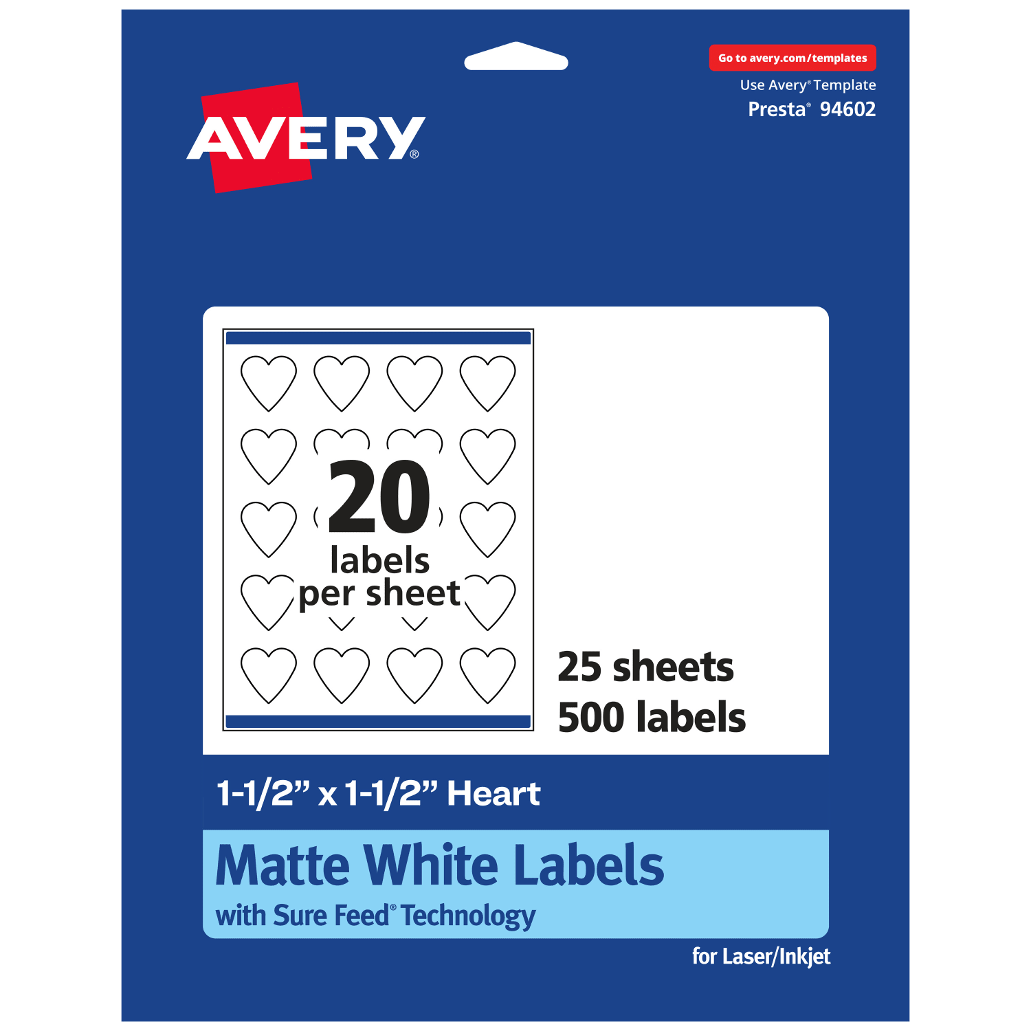 Avery Permanent Labels With Sure Feed, 94602-WMP25, Heart, 1-1/2in x 1-1/2in, White, Pack Of 500