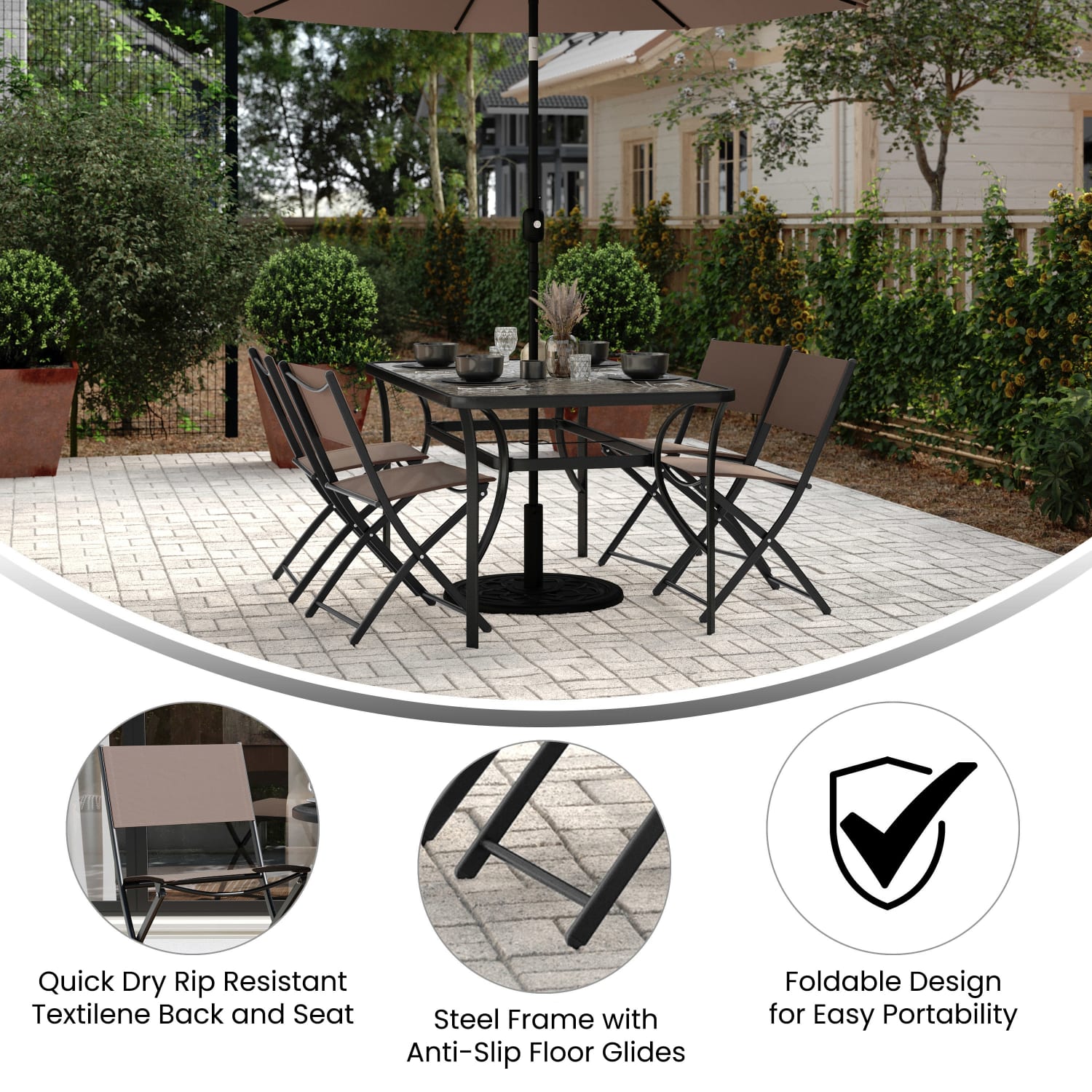 Flash Furniture Brazos Series Outdoor 4pcs Folding Chair with Flex Comfort Material and Metal Frame, Brown - Image 5