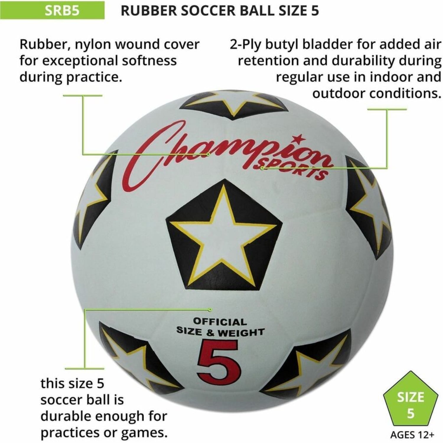 Champion Sports Size 5 Soccer Ball, 8.75in, White/Black/Red, 1 Ball - Image 5