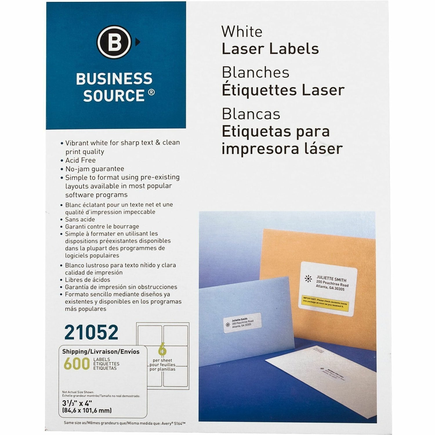 Business Source Bright White Premium-quality Address Labels - 3 1/3inx 4in - Permanent Adhesive - Rectangle - 21052