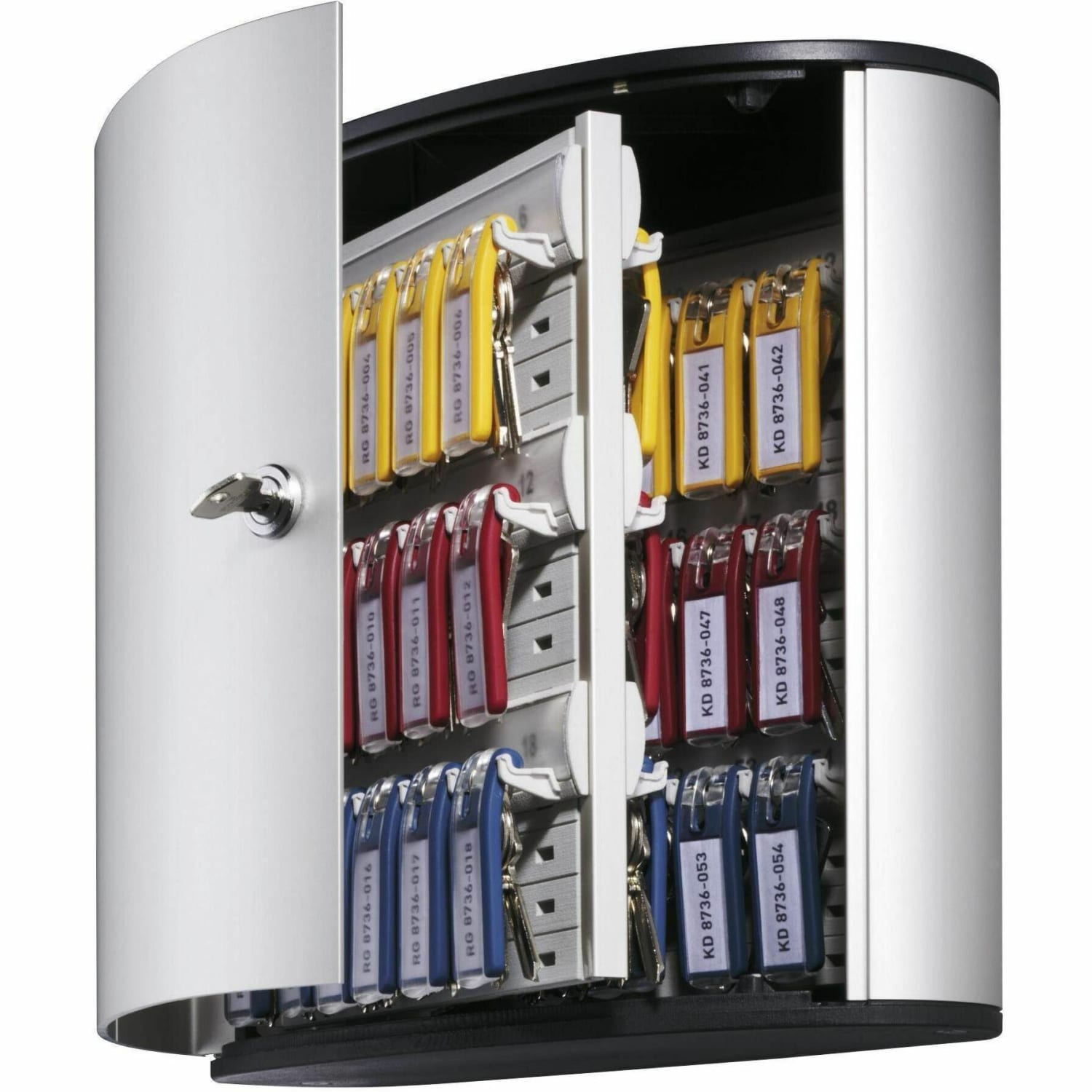 Durable 54-Key Locking Tag-Style Aluminum Key Tag Cabinet, 11in x 11 3/4in x 4 5/8in, Silver - Image 3