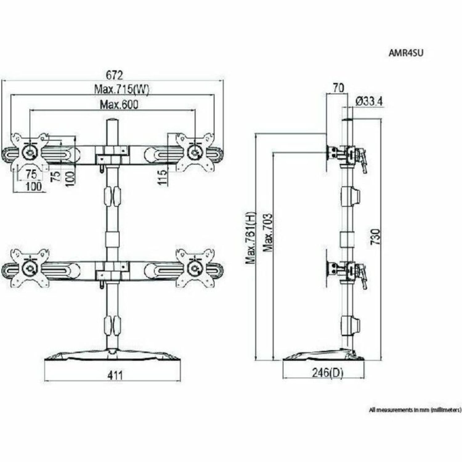 Amer Mounts Quad Monitor Stand Mount (2 over 2) Supports Flat Panel Sizes 15in to 24in AMR4SU - Image 3