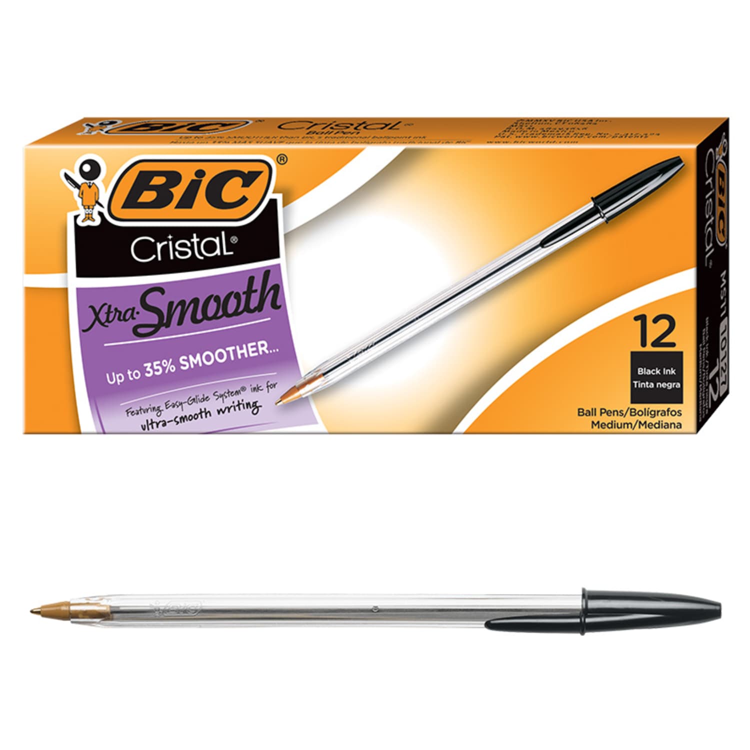 BIC Cristal Ballpoint Pens, Medium Point, 1.0 mm, Clear Barrel, Black Ink, Pack Of 12