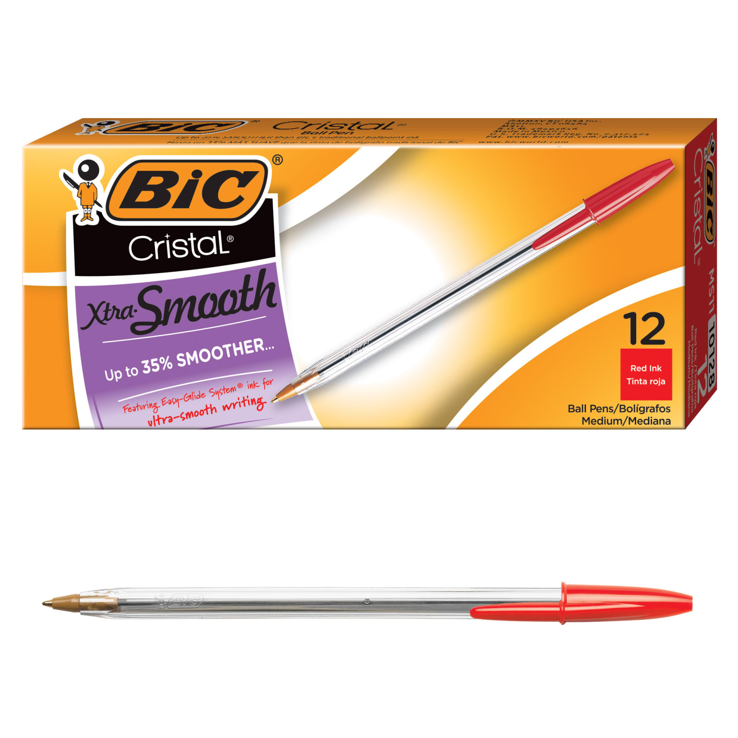 BIC Cristal Ballpoint Pens, Medium Point, 1.0 mm, Clear Barrel, Red Ink, Pack Of 12