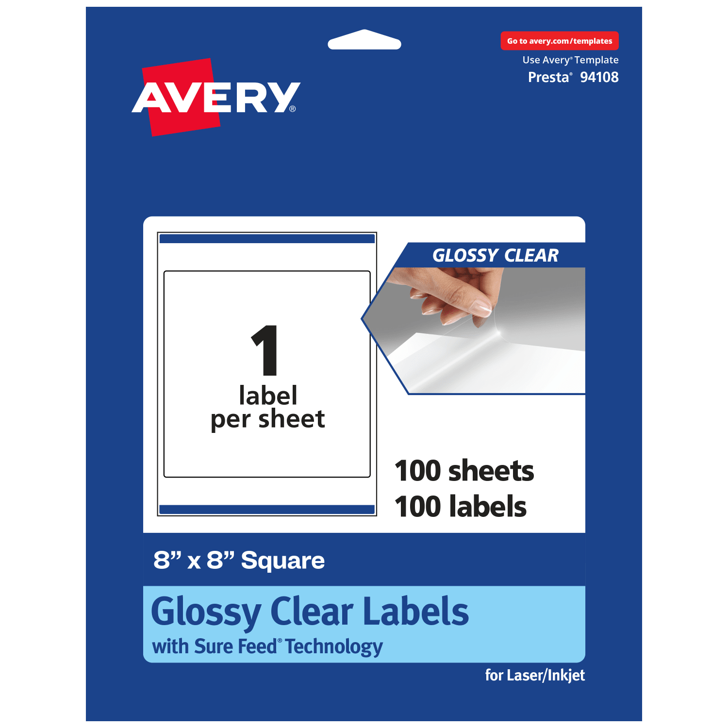 Avery Glossy Permanent Labels With Sure Feed, 94108-CGF100, Square, 8in x 8in, Clear, Pack Of 100