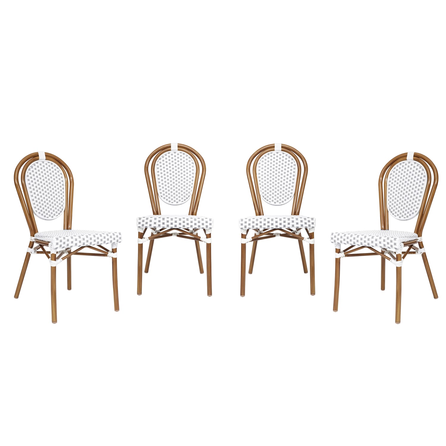 Flash Furniture 4 Pack Lourdes Indoor/Outdoor Commercial Thonet Bistro Stacking Chair, PE Rattan and Aluminum Frame, White & Gray/Natural Frame