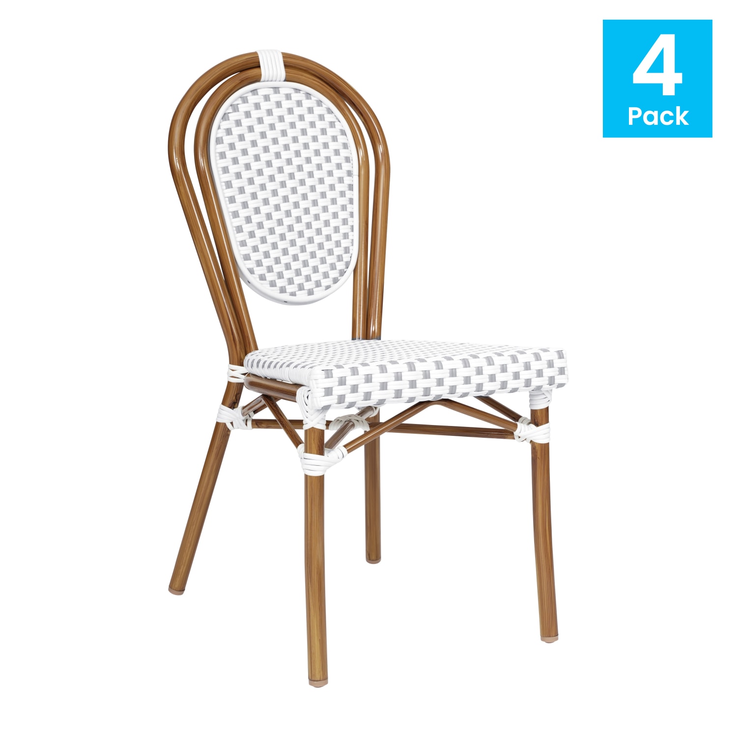 Flash Furniture 4 Pack Lourdes Indoor/Outdoor Commercial Thonet Bistro Stacking Chair, PE Rattan and Aluminum Frame, White & Gray/Natural Frame - Image 3