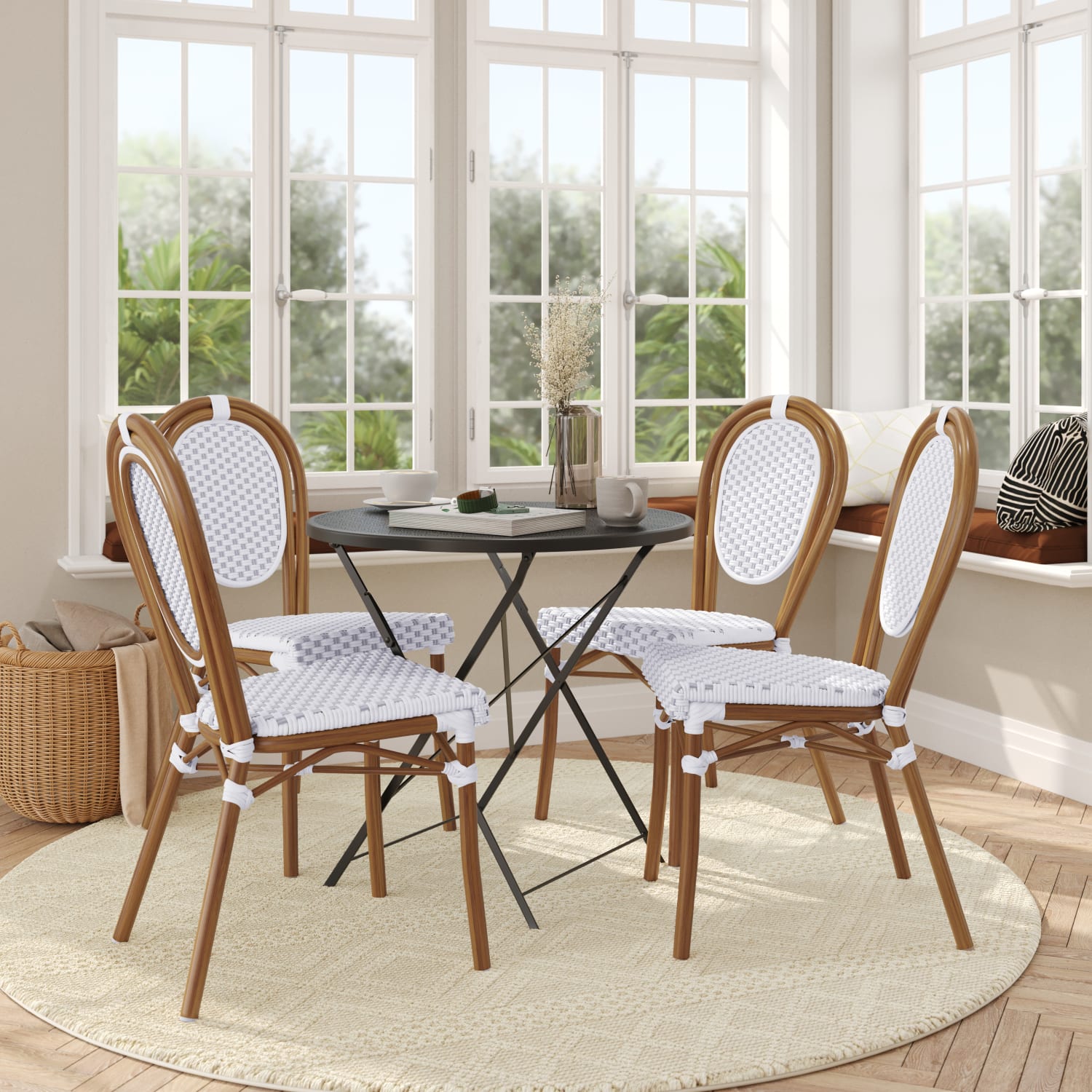 Flash Furniture 4 Pack Lourdes Indoor/Outdoor Commercial Thonet Bistro Stacking Chair, PE Rattan and Aluminum Frame, White & Gray/Natural Frame - Image 4