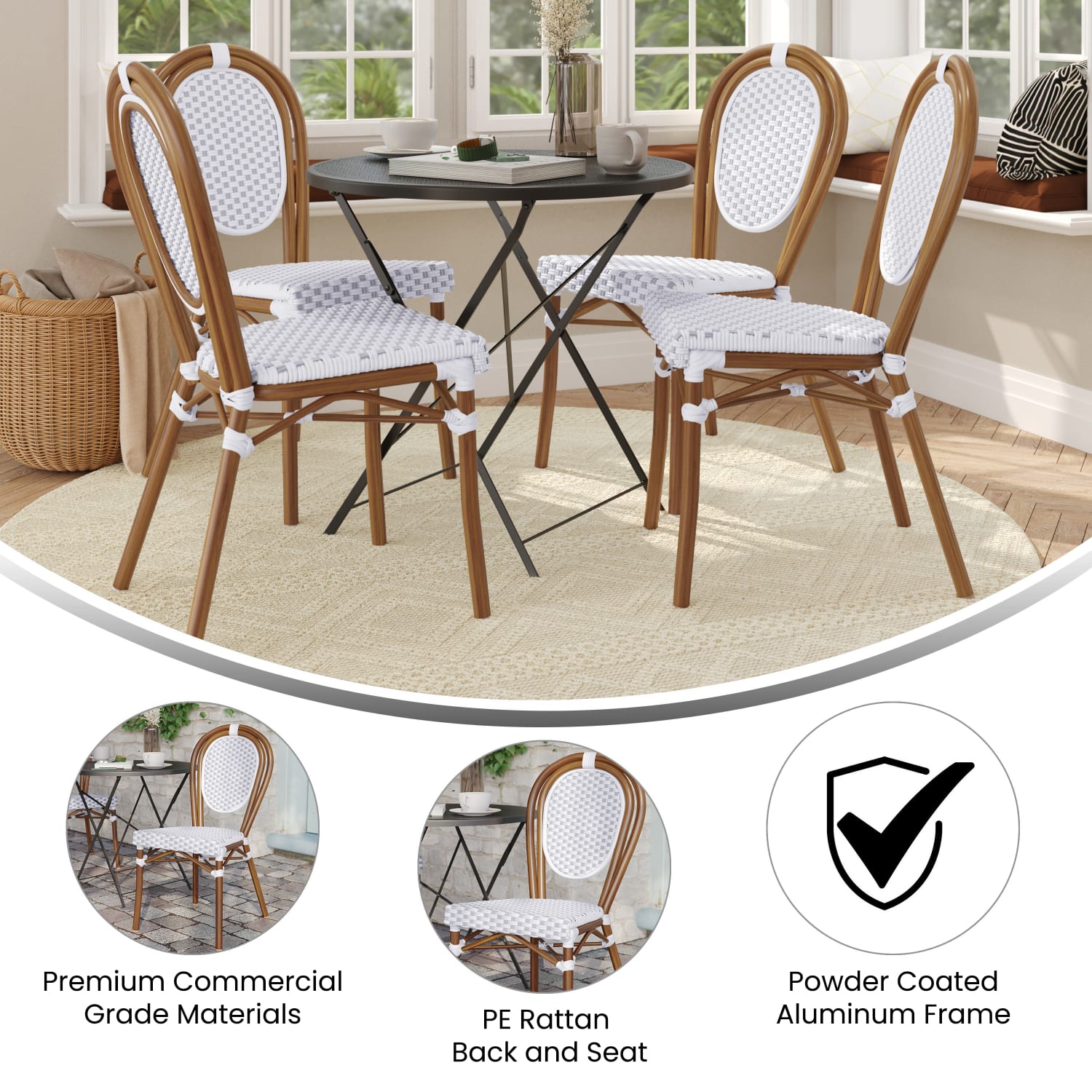Flash Furniture 4 Pack Lourdes IndoorOutdoor Commercial Thonet Bistro Stacking Chair PE Rattan and Aluminum Frame White GrayNatural Frame PopularChairscom Flash Furniture 4 Pack Lourdes IndoorOutdoor Commercial Thonet Bistro Stacking Chair PE Rattan and Aluminum Frame White GrayNatural Frame PopularChairscom
