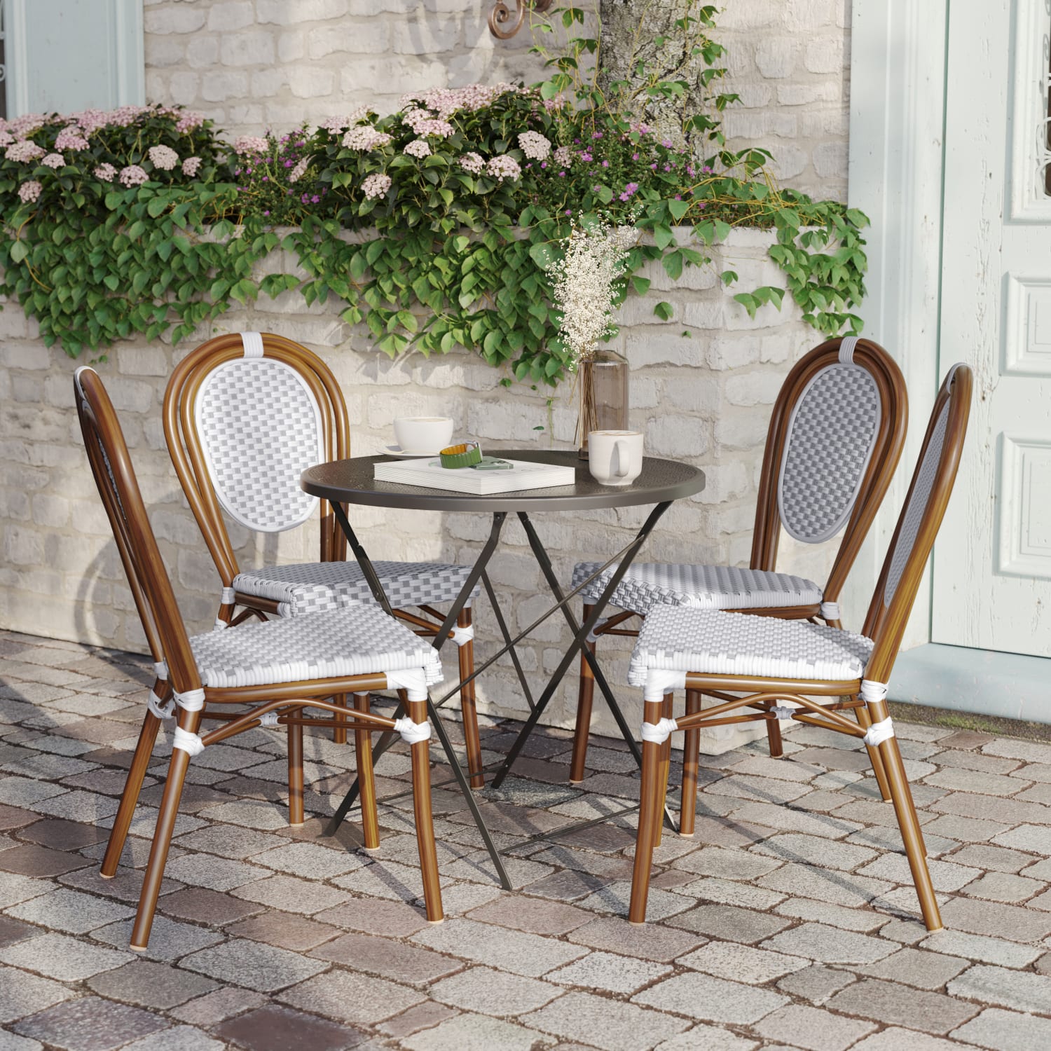 Flash Furniture 4 Pack Lourdes IndoorOutdoor Commercial Thonet Bistro Stacking Chair PE Rattan and Aluminum Frame White GrayNatural Frame PopularChairscom Flash Furniture 4 Pack Lourdes IndoorOutdoor Commercial Thonet Bistro Stacking Chair PE Rattan and Aluminum Frame White GrayNatural Frame PopularChairscom