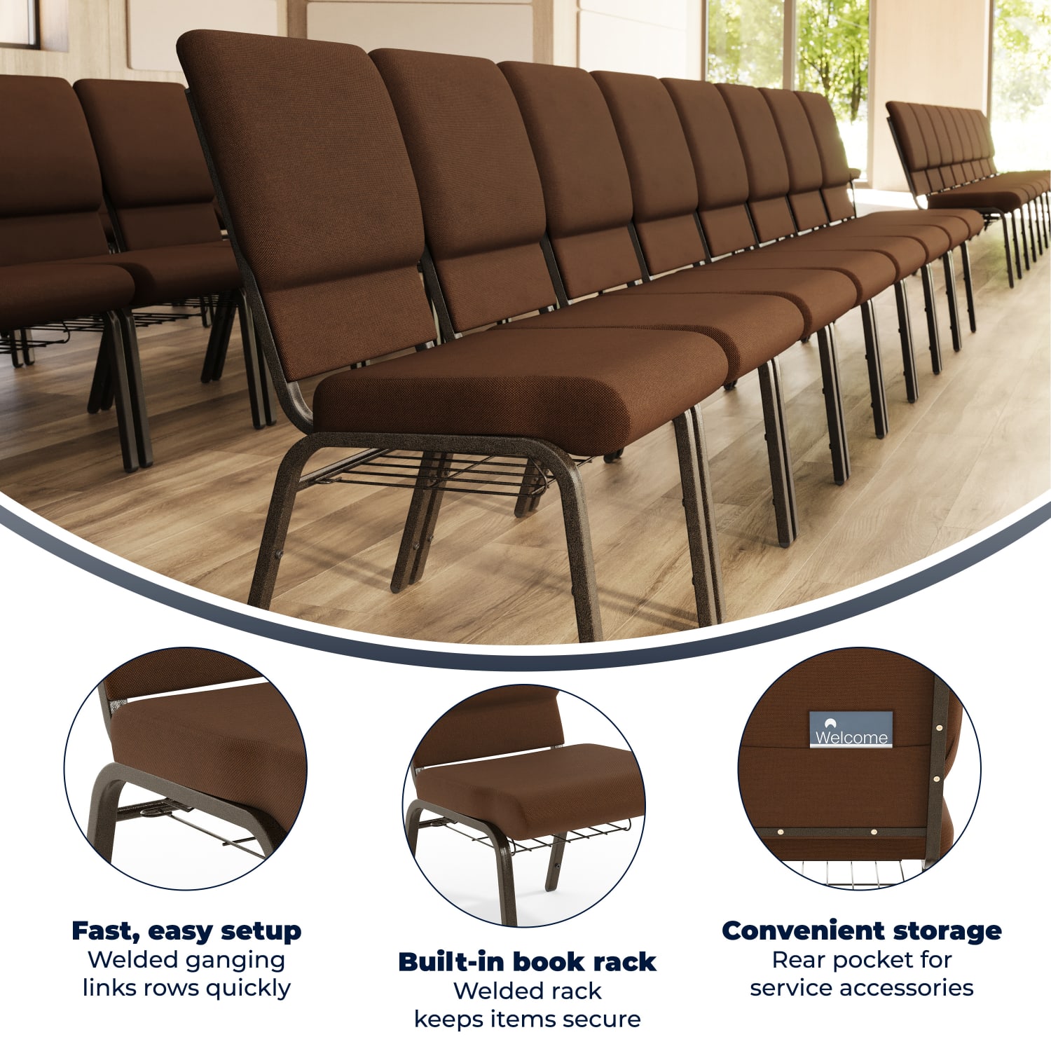 Flash Furniture HERCULES Church Chair With Book Rack, Brown/Gold Vein - Image 4