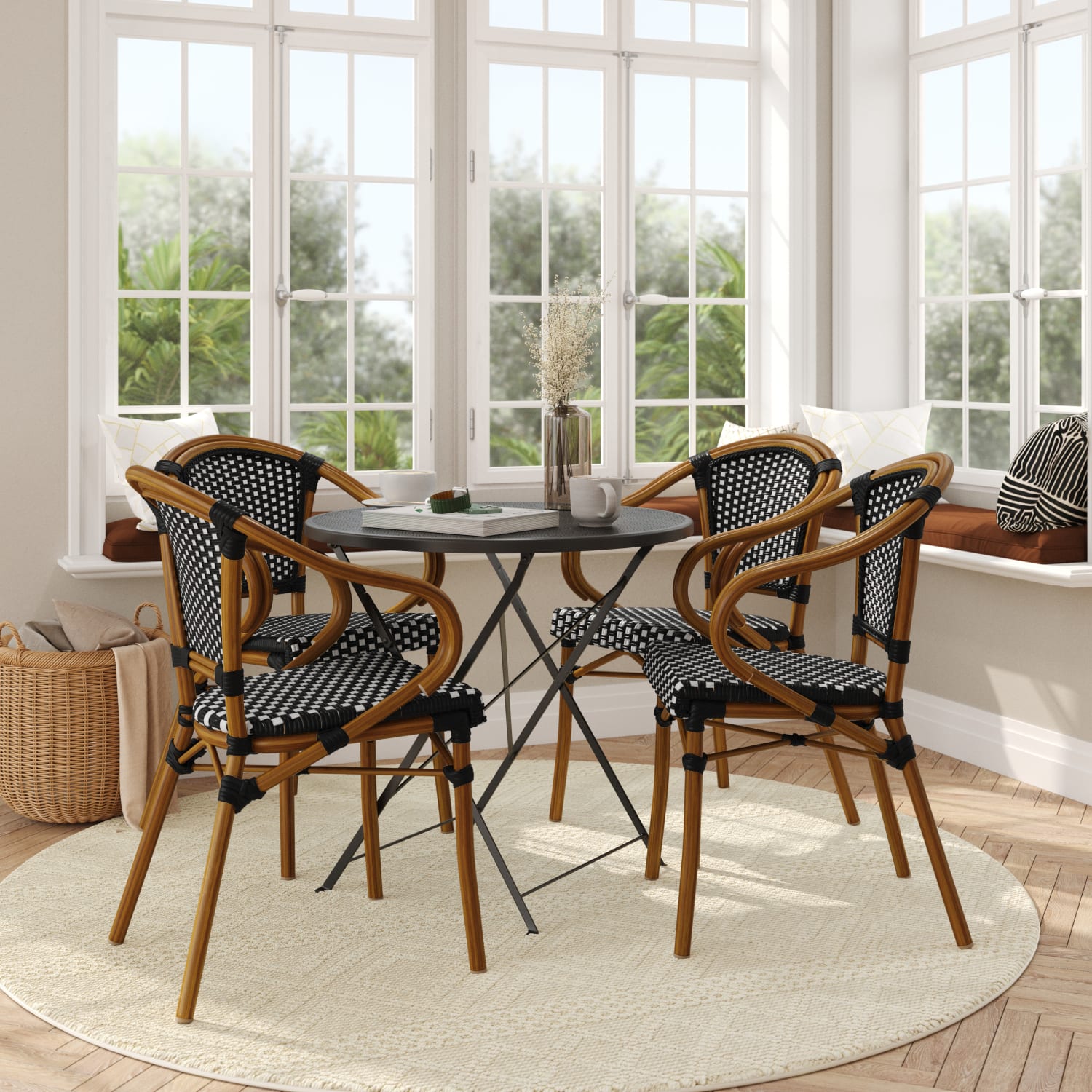 Flash Furniture 4 Pack Bordeaux Indoor/Outdoor Commercial Bistro Stacking Chair with Arms, Black & White/Natural Frame -4SDAS642142BKWN - Image 4