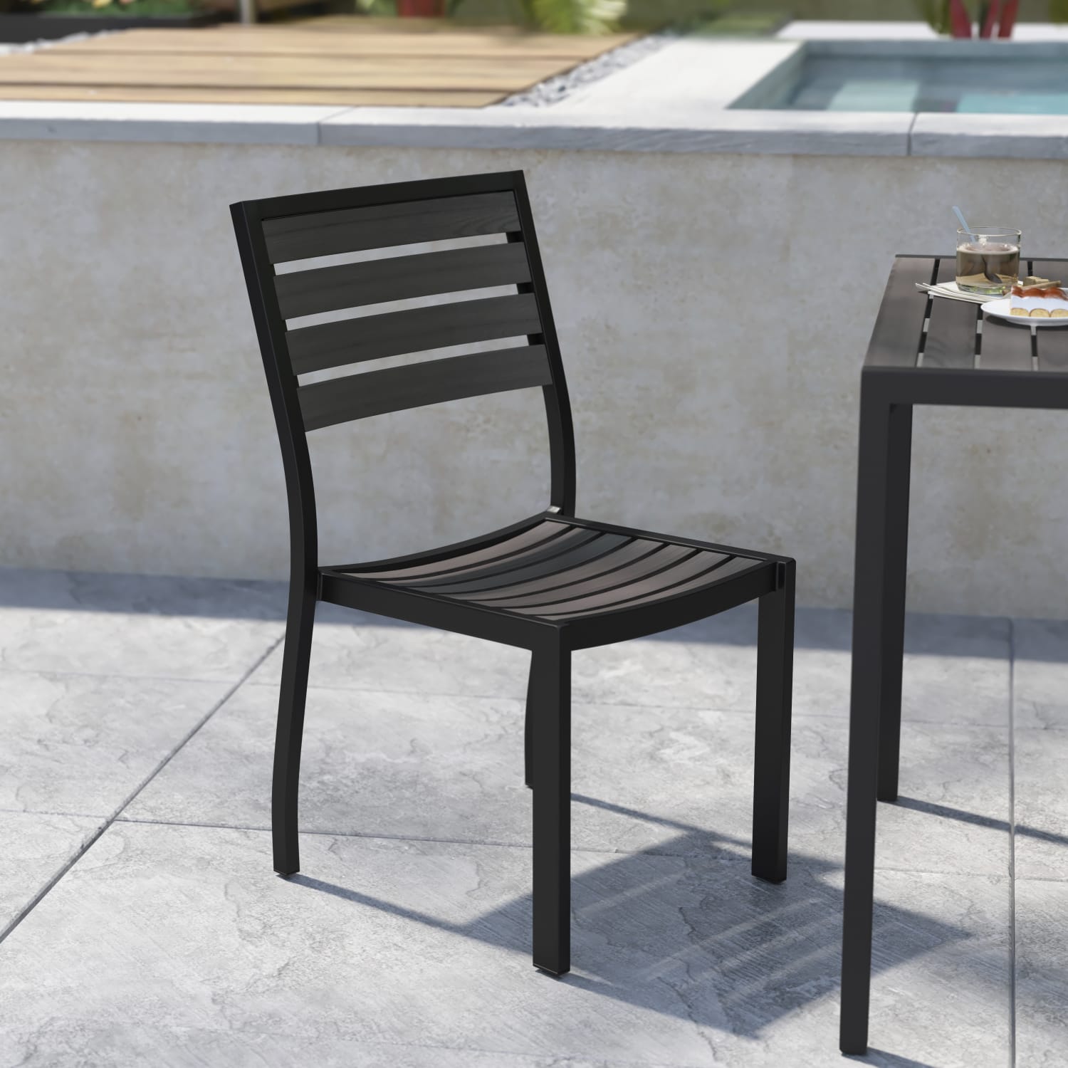 Flash Furniture Lark Outdoor Side Chair with Faux Teak Poly Slats Gray Wash Teak PopularChairscom
