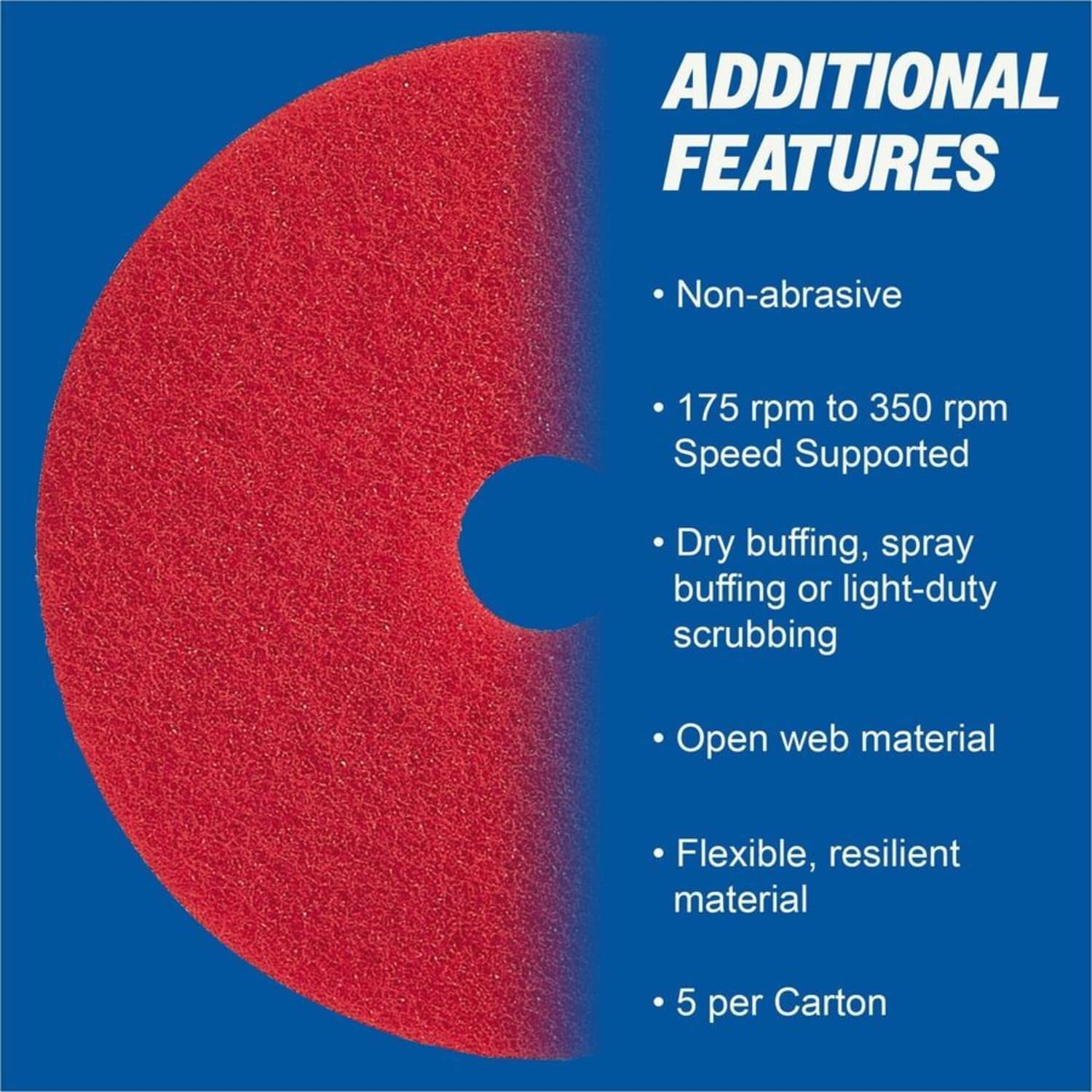 Genuine Joe Red Buffing Floor Pad - 20in Diameter - 5/Carton x 20in Diameter x 1in Thickness - Buffing, Scrubbing, Floor - 175 rpm to 350 rpm Speed Supported - Flexible, Resilient, Rotate, Dirt Remover - Fiber - Red - Image 3