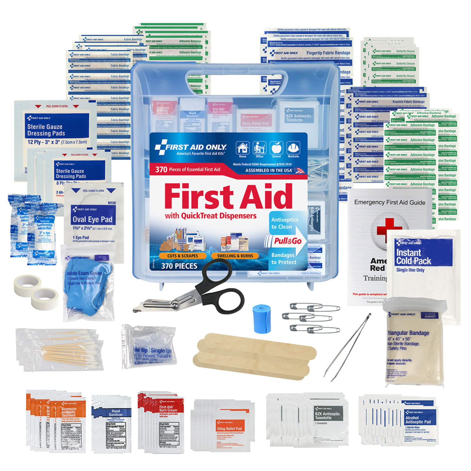 First Aid Only QuickTreat Plastic First Aid Kit, 11-3/4inH x 10-1/2inW x 2-15/16inD, Kit Of 370 Pieces