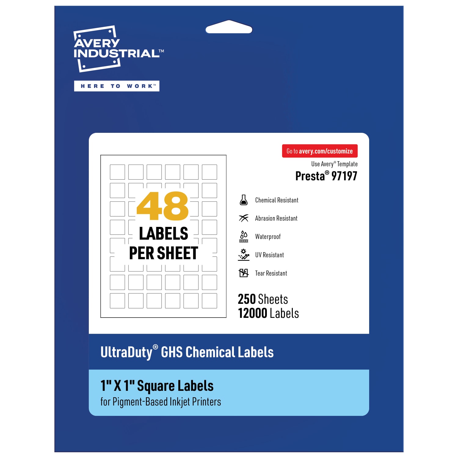 Avery Ultra Duty Permanent GHS Chemical Labels, 97197-WMUI250, Square, 1in x 1in, White, Pack Of 12,000