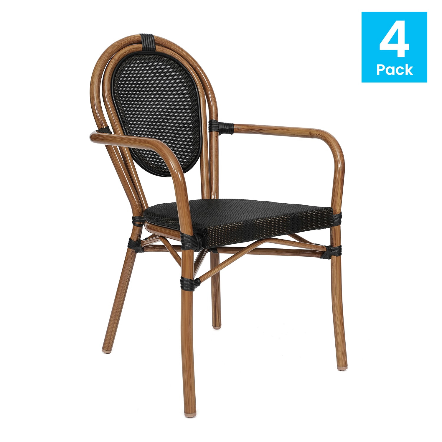 Flash Furniture 4 Pack Marseille Indoor/Outdoor Commercial Thonet Bistro Stacking Chair with Arms, Black/Natural Frame -4SDA6422ATXTBKN - Image 3
