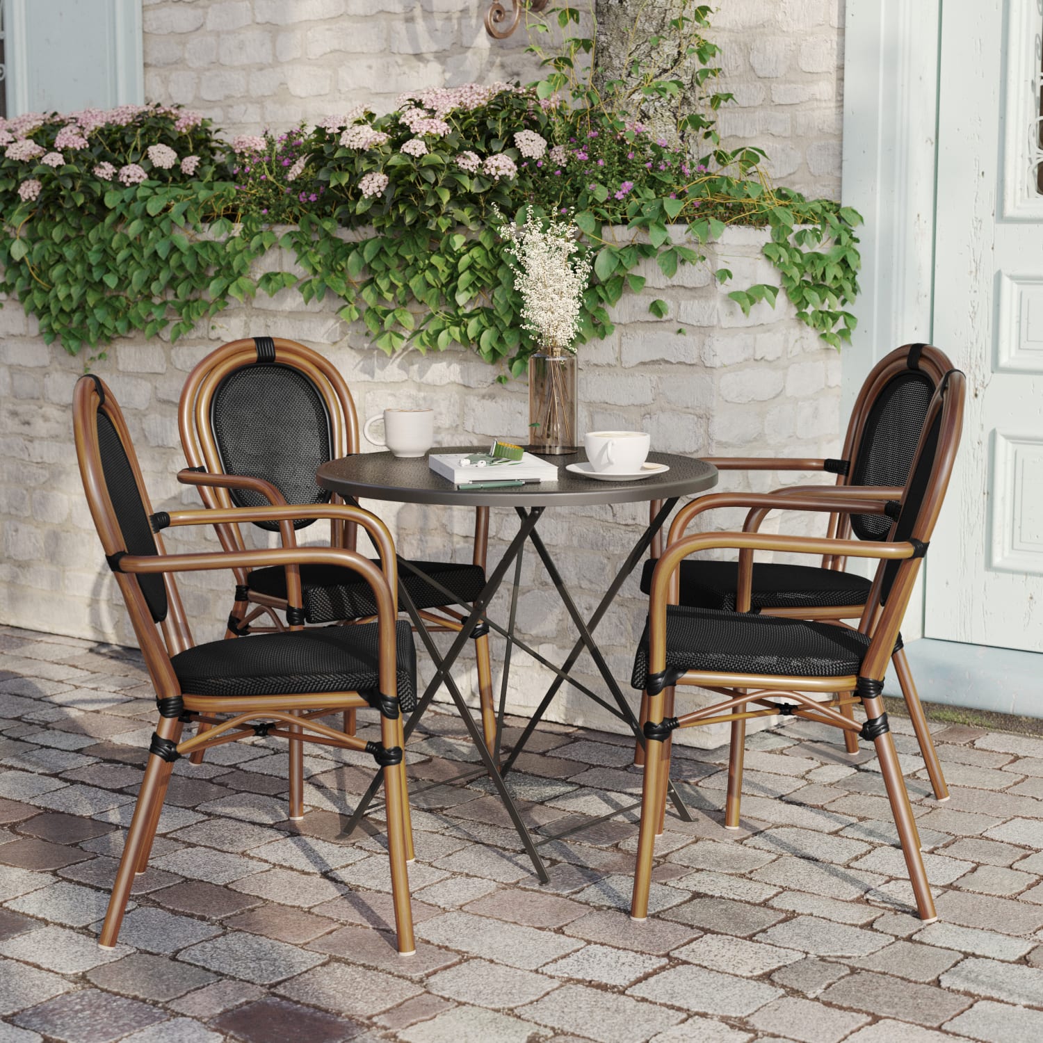 Flash Furniture 4 Pack Marseille Indoor/Outdoor Commercial Thonet Bistro Stacking Chair with Arms, Black/Natural Frame -4SDA6422ATXTBKN - Image 6
