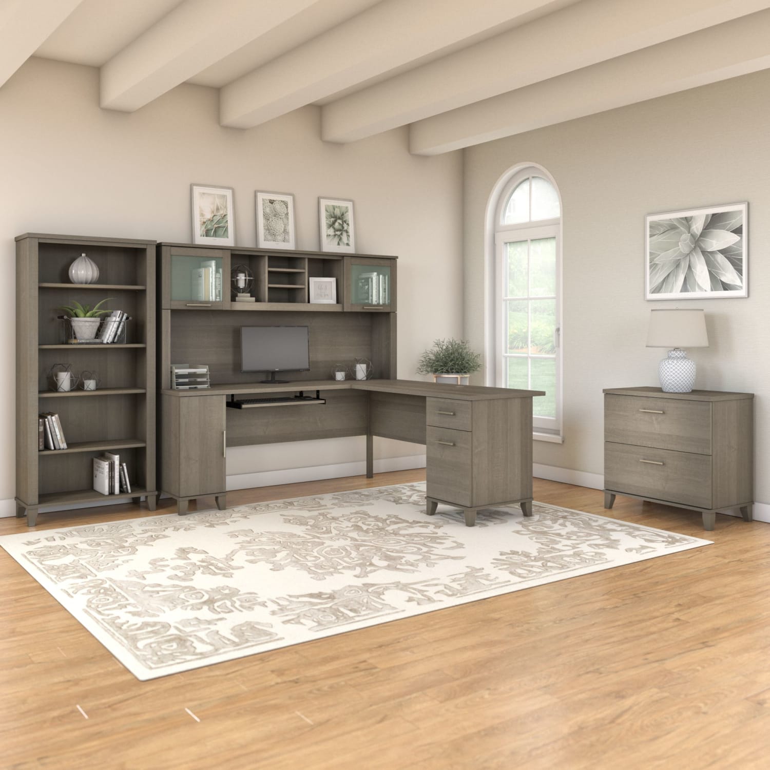 Bush Furniture Somerset 72inW L Shaped Desk With Hutch, Lateral File Cabinet And Bookcase, Ash Gray, Standard Delivery - Image 3