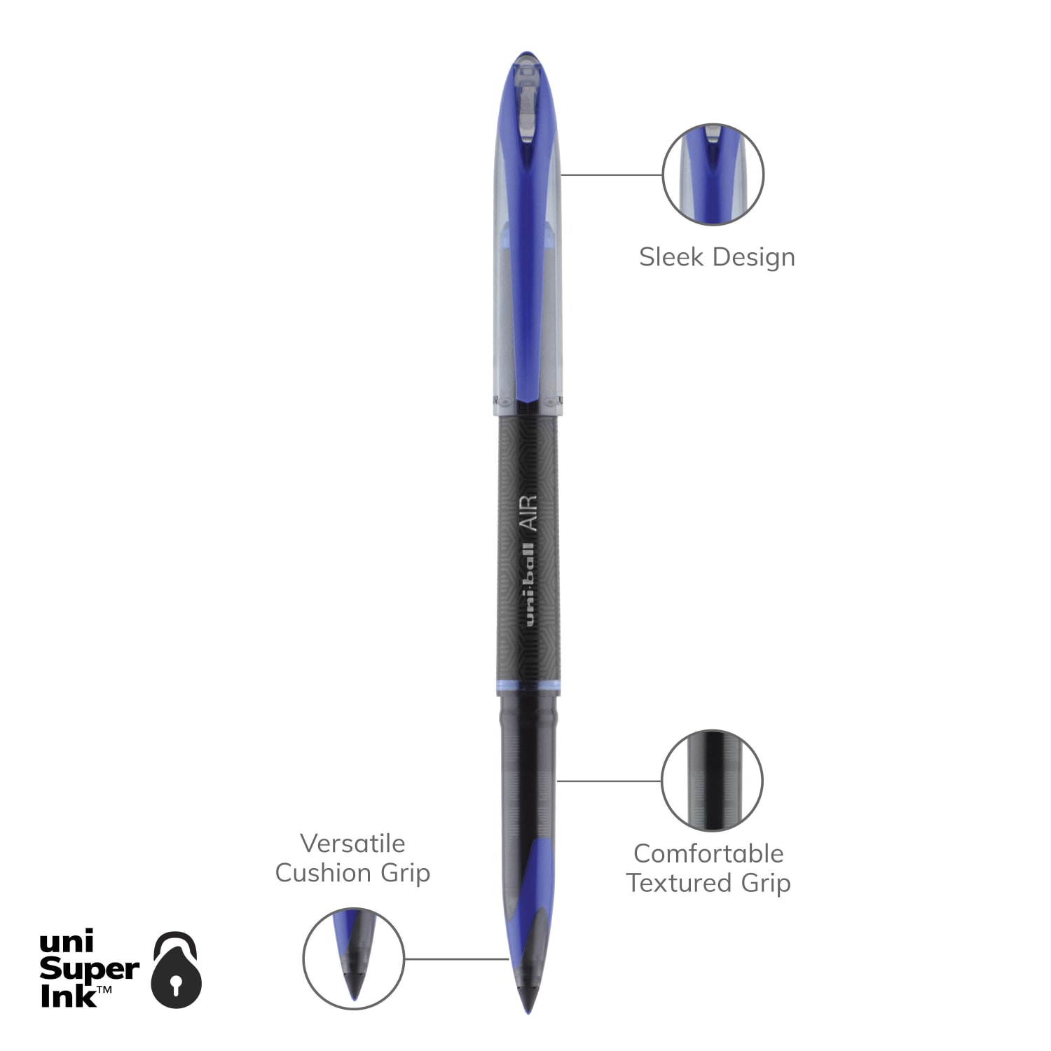 uni-ball AIR Rollerball Pen, Medium Point, 0.7 mm, Black Barrel, Blue Ink, Pack Of 12 - Image 4