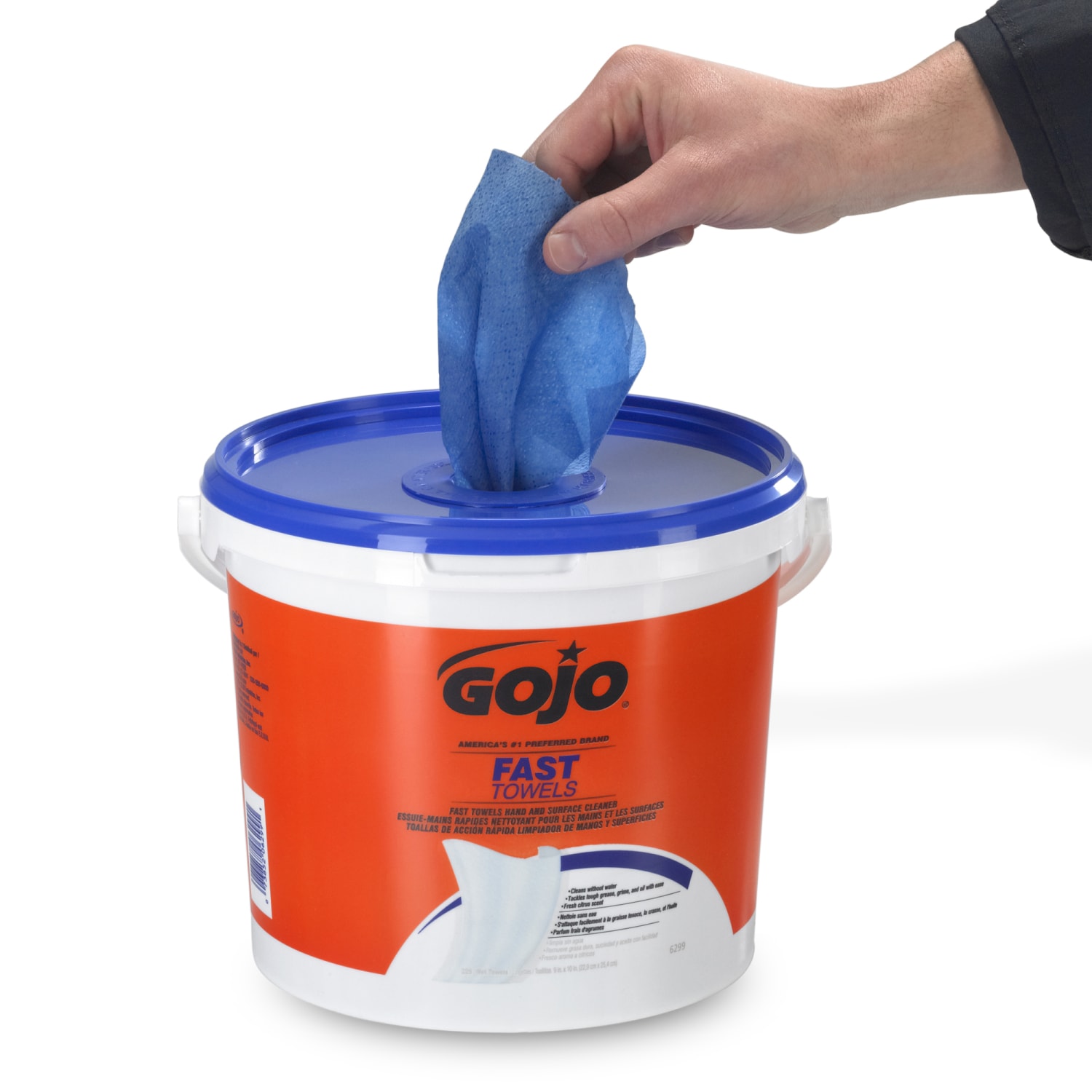 Gojo Fast Hand And Surface Cleaner 1-Ply Paper Towels, Citrus Scent, Blue, Bucket Of 255 Sheets - Image 4