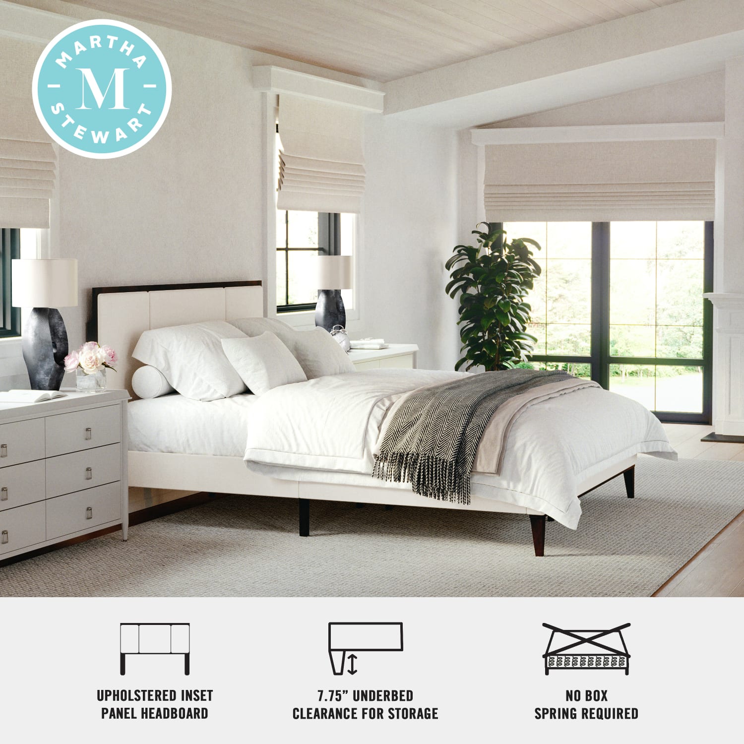Martha Stewart Jett Solid Wood Platform Bed with Upholstered Base and Inset Paneled Headboard - MG0900271FQDKBN - Image 4